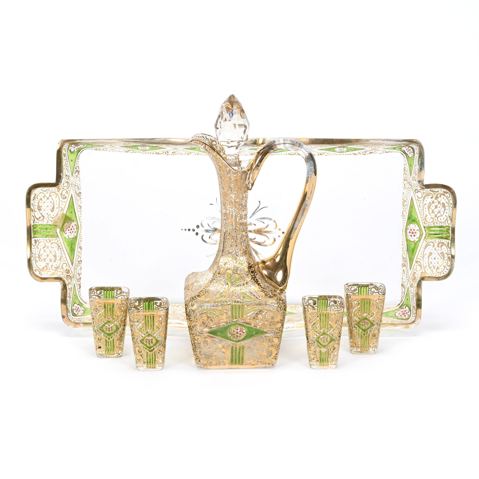 Liqueur Set, Six Piece, Clear Bohemian Art Glass (1 of 7)