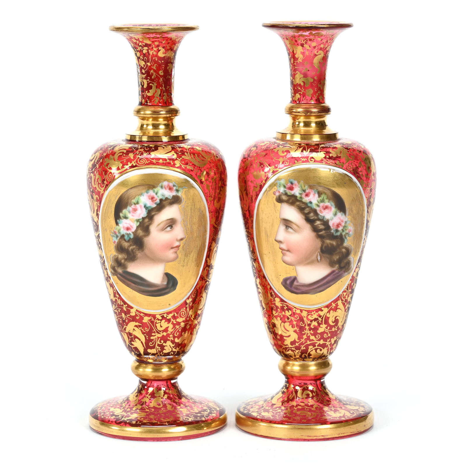 Pair Vases, Cased Cranberry Bohemian Art Glass (1 of 4)