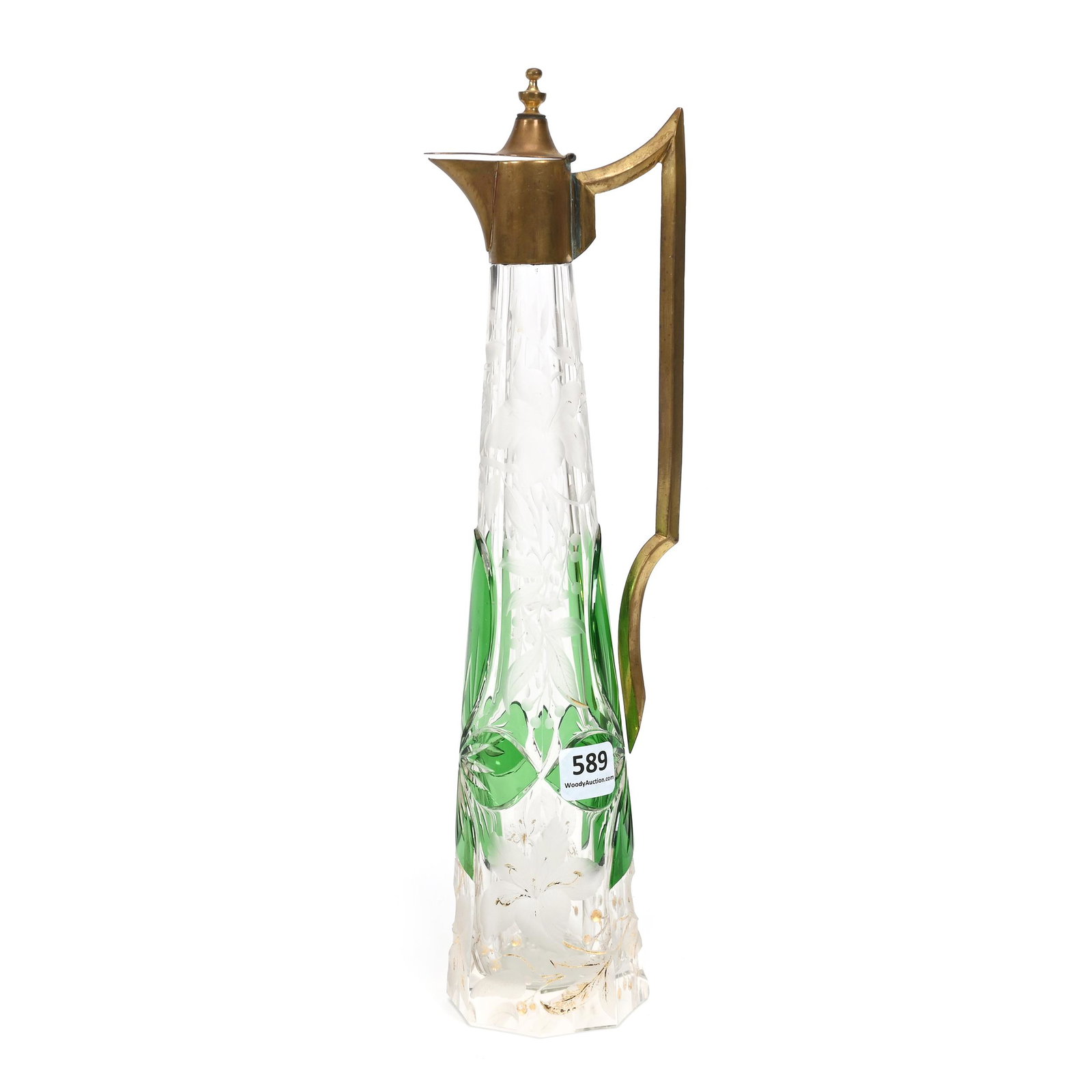 Liqueur Decanter, Clear Bohemian Art Glass: Liqueur Decanter, Clear Bohemian Art Glass, 12.5" x 3.25", Green Cutback Leaf Design, Finely Engraved Floral Decor, Gold Stencil Wear, Gilt Metal Spout, Lid And Handle, Don Henson Estate, Michigan. Pa