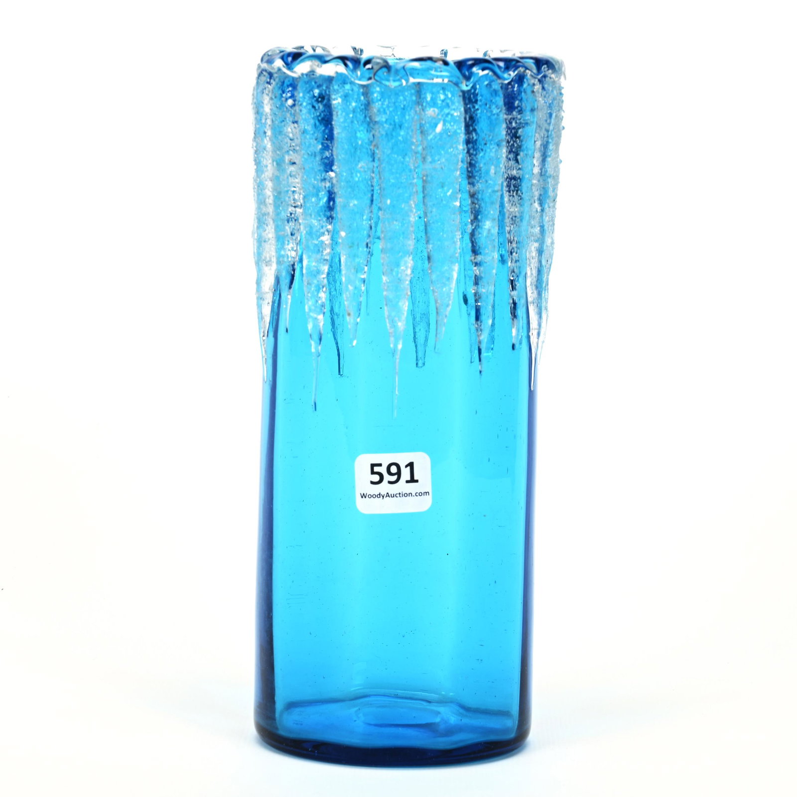 Cylinder Vase, Blue Art Glass, Applied Icicle Border (1 of 3)