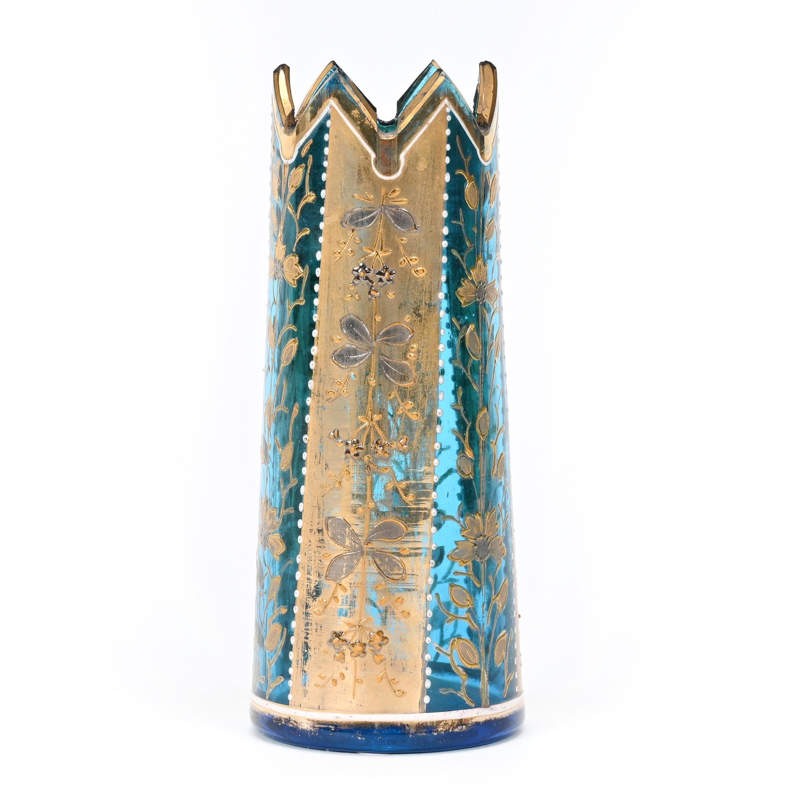 Vase, Blue Bohemian Art Glass: Vase, Blue Bohemian Art Glass, 4.25" x 1.75", Sawtooth Rim, Heavy Gold And Silver Floral Decor, Don Henson Estate, Michigan. Part 3. This auction is the final dispersal of a collection of over 1,700 i