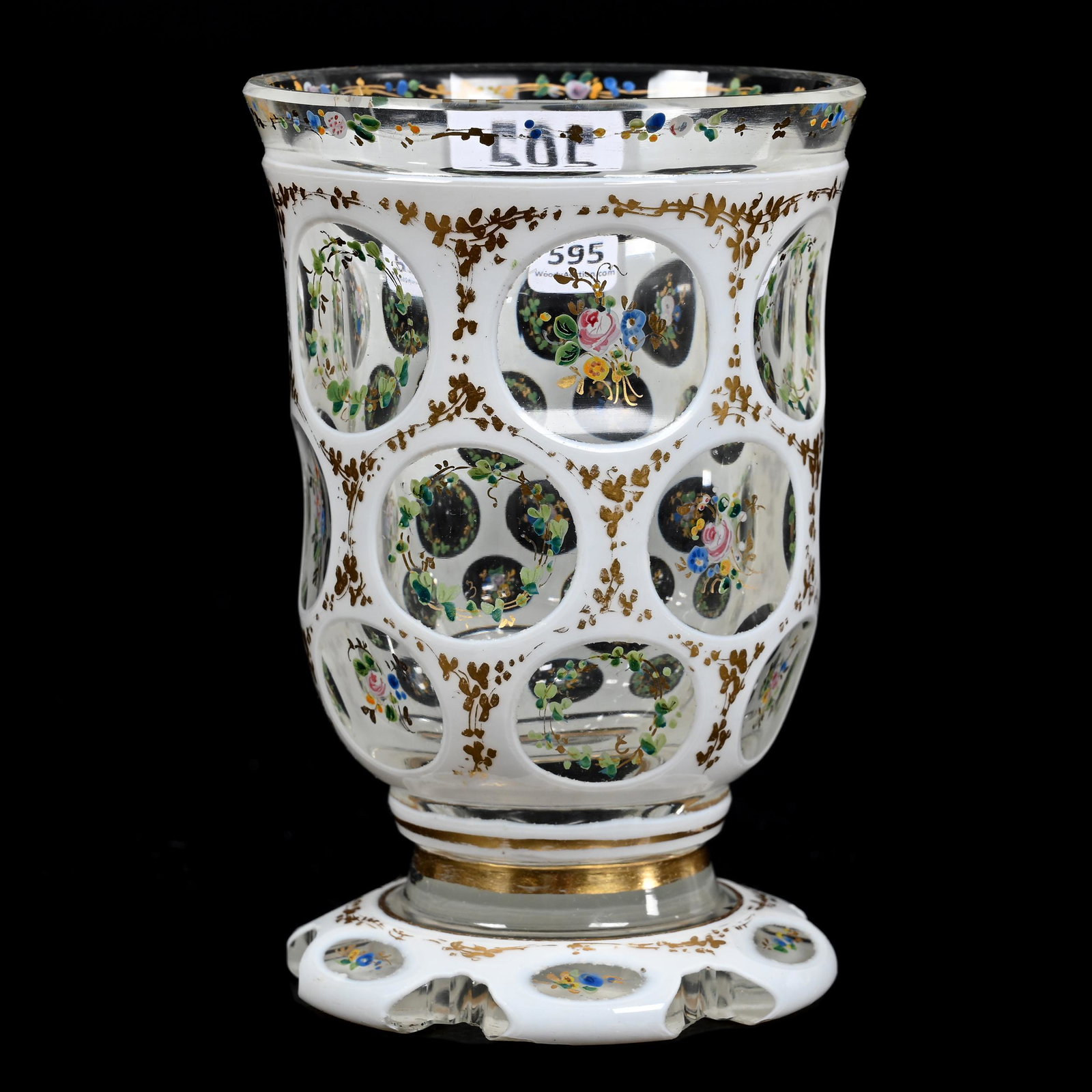 Beaker, Clear Bohemian Art Glass: Beaker, Clear Bohemian Art Glass, 4.25" x 2.75", White Cutback Overlay, Thousand Eye Design, Enamel Floral Decor, Don Henson Estate, Michigan. Part 3. This auction is the final dispersal of a collecti