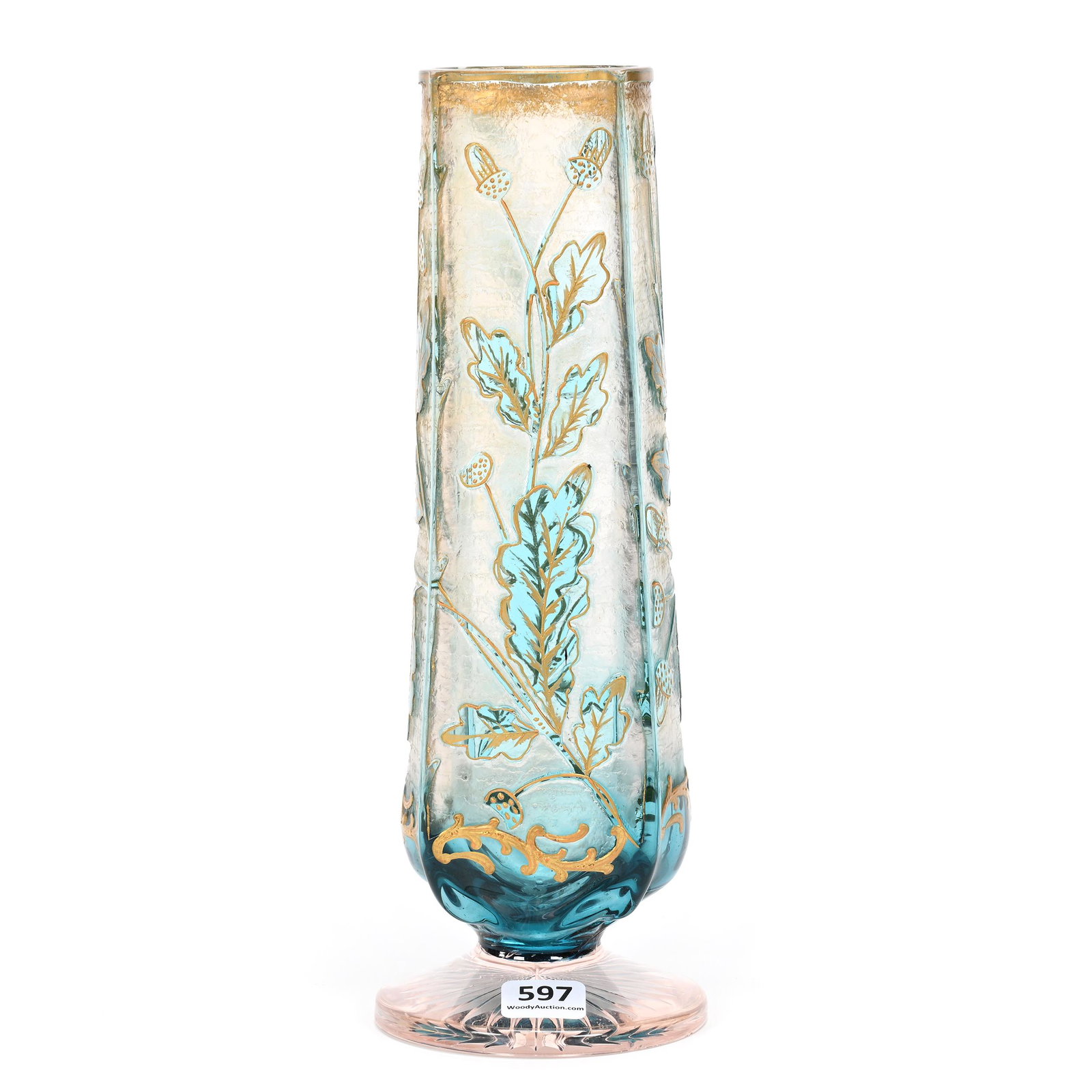 Pedestal Vase, Cameo Cut Blue To Clear: Pedestal Vase, Cameo Cut Blue To Clear, 10" x 3", Acorn Design, Applied Pink Ray Cut Foot, Gold Enamel Highlights, Small Base Chip, Don Henson Estate, Michigan. Part 3. This auction is the final dispe