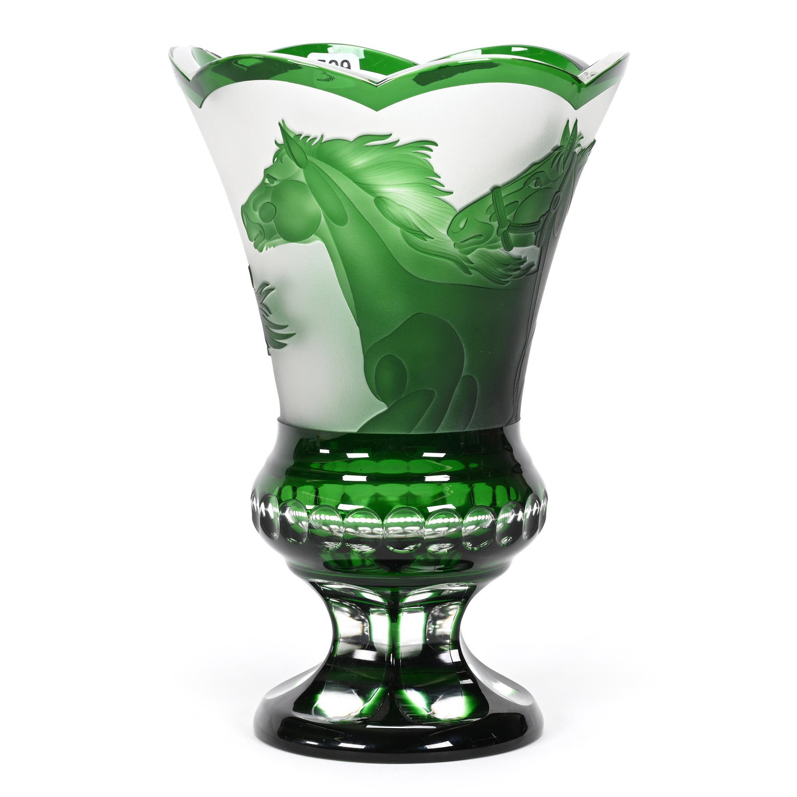 Pedestal Vase, Green Cut To Clear Bohemian: Pedestal Vase, Green Cut To Clear Bohemian, 10.25" x 6.75", Cameo Art Glass, Carved Thoroughbred Decor, Nice Quality, Mid To Late 20th Century, Don Henson Estate, Michigan. Part 3. This auction is the
