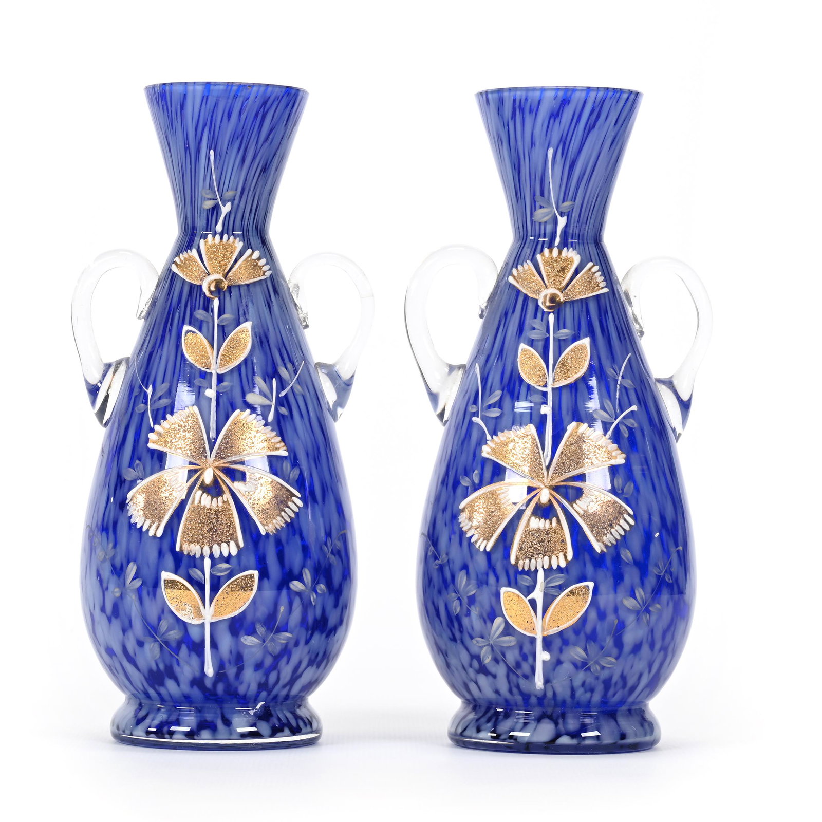 Pair Vases, Cased Bohemian Art Glass: Pair Vases, Cased Bohemian Art Glass, 7.5" x 3.5", Blue With White Mottling, Gold Blossom Decor, Don Henson Estate, Michigan. Part 3. This auction is the final dispersal of a collection of over 1,700