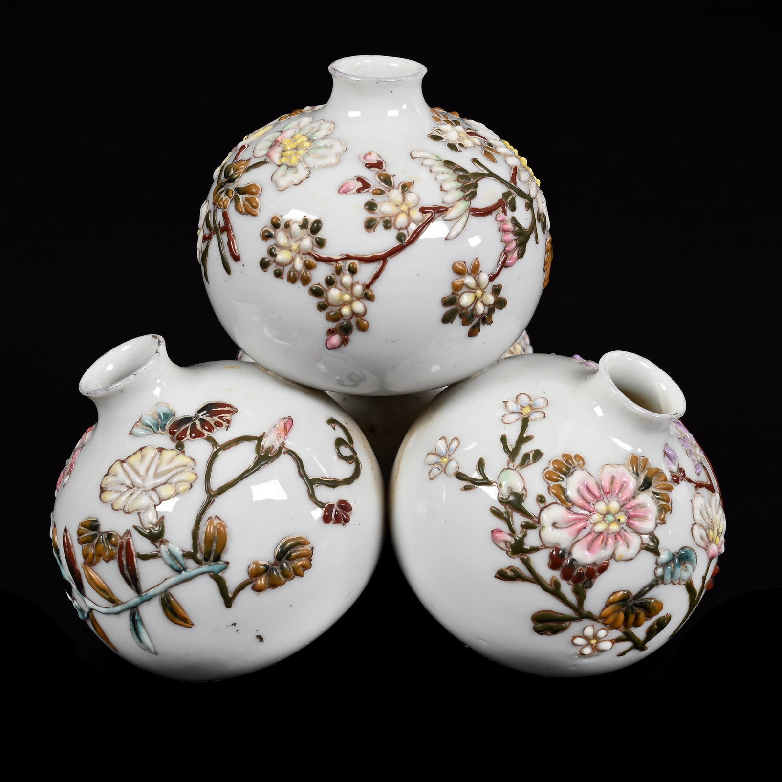 Group Bud Vase, Chinese Marked Porcelain: Group Bud Vase, Chinese Marked Porcelain, 4.5" x 4.5", Four Ball Globes With Heavy Enamel Floral Decor, Don Henson Estate, Michigan. Part 3. This auction is the final dispersal of a collection of over