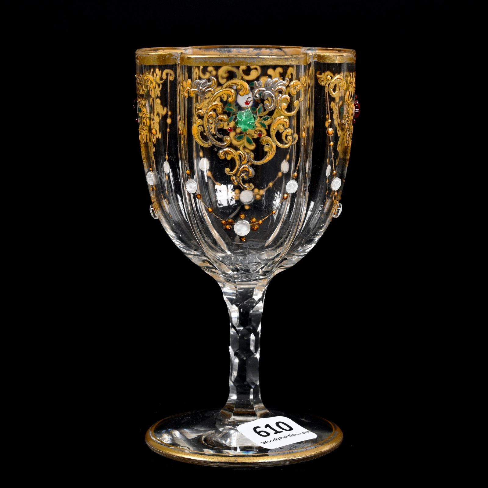 Wine Stem, Clear Bohemian Art Glass: Wine Stem, Clear Bohemian Art Glass, 5" x 2.75", Blown Mold Bowl, Enamel Scroll Design, Colored Jewel Highlights, Diamond Cut Stem, Don Henson Estate, Michigan. Part 3. This auction is the final dispe