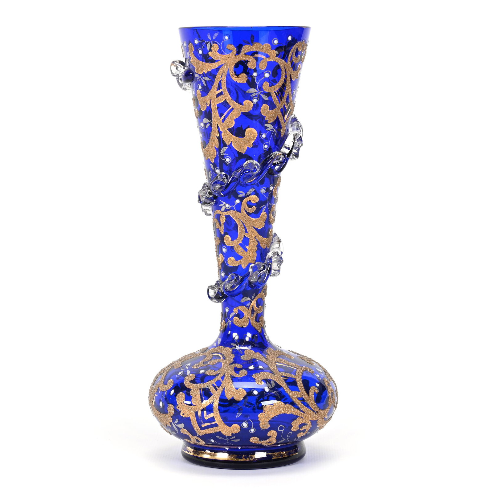 Vase, Cobalt Blue Bohemian Art Glass: Vase, Cobalt Blue Bohemian Art Glass, 9.75" x 4", Attributed To Muhlhaus, Gold Scroll Design With Applied Rigoree Highlights, Sizable Outside Rim Chip, Don Henson Estate, Michigan. Part 3. This auctio