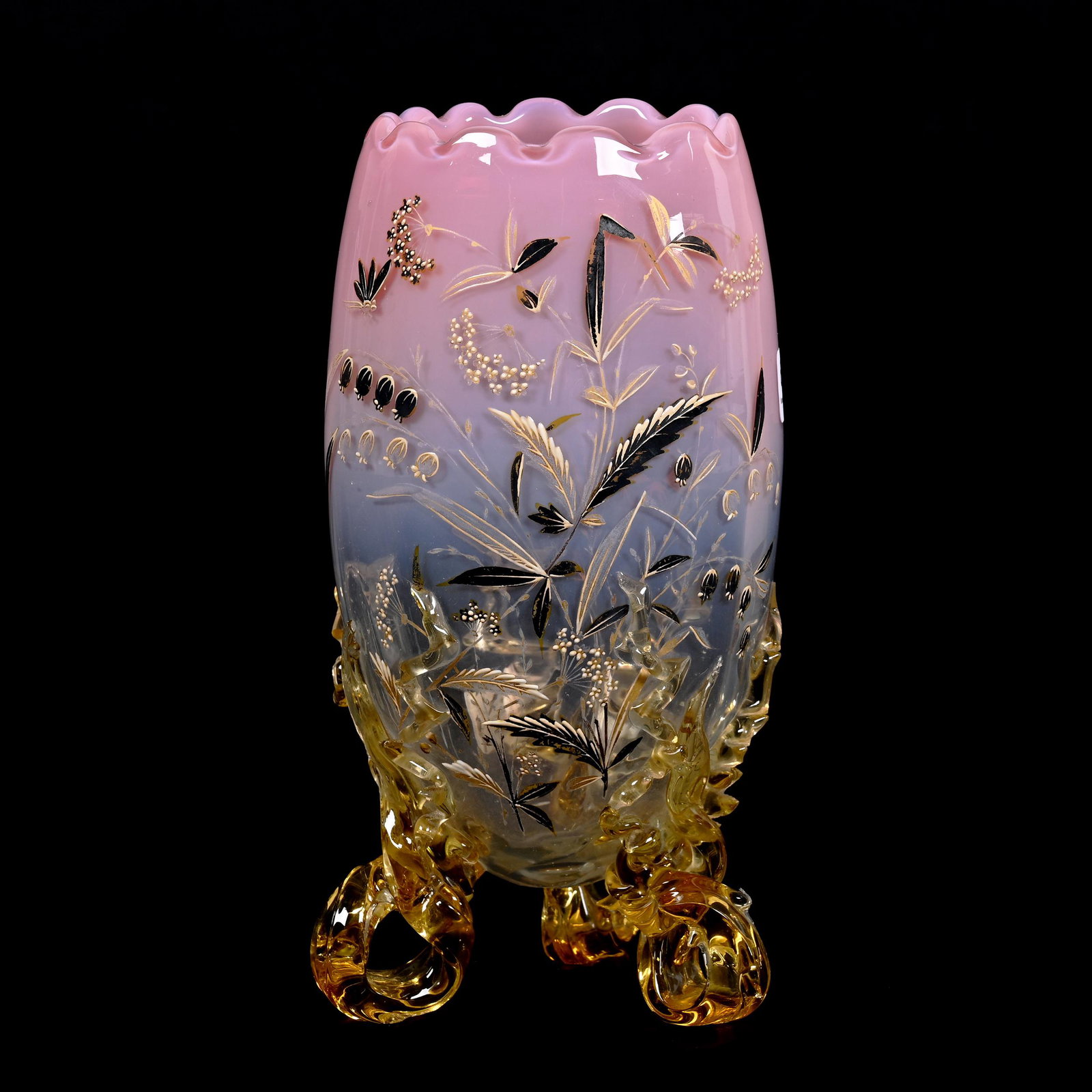 Footed Vase, Pink Opalescent Bohemian Art Glass: Footed Vase, Pink Opalescent Bohemian Art Glass, 8.5" x 4.25", Applied Amber Feet, Enamel Floral And Insect Decor, Applied Amber Feet Are Reactive Under Black Light, Don Henson Estate, Michigan. Part 