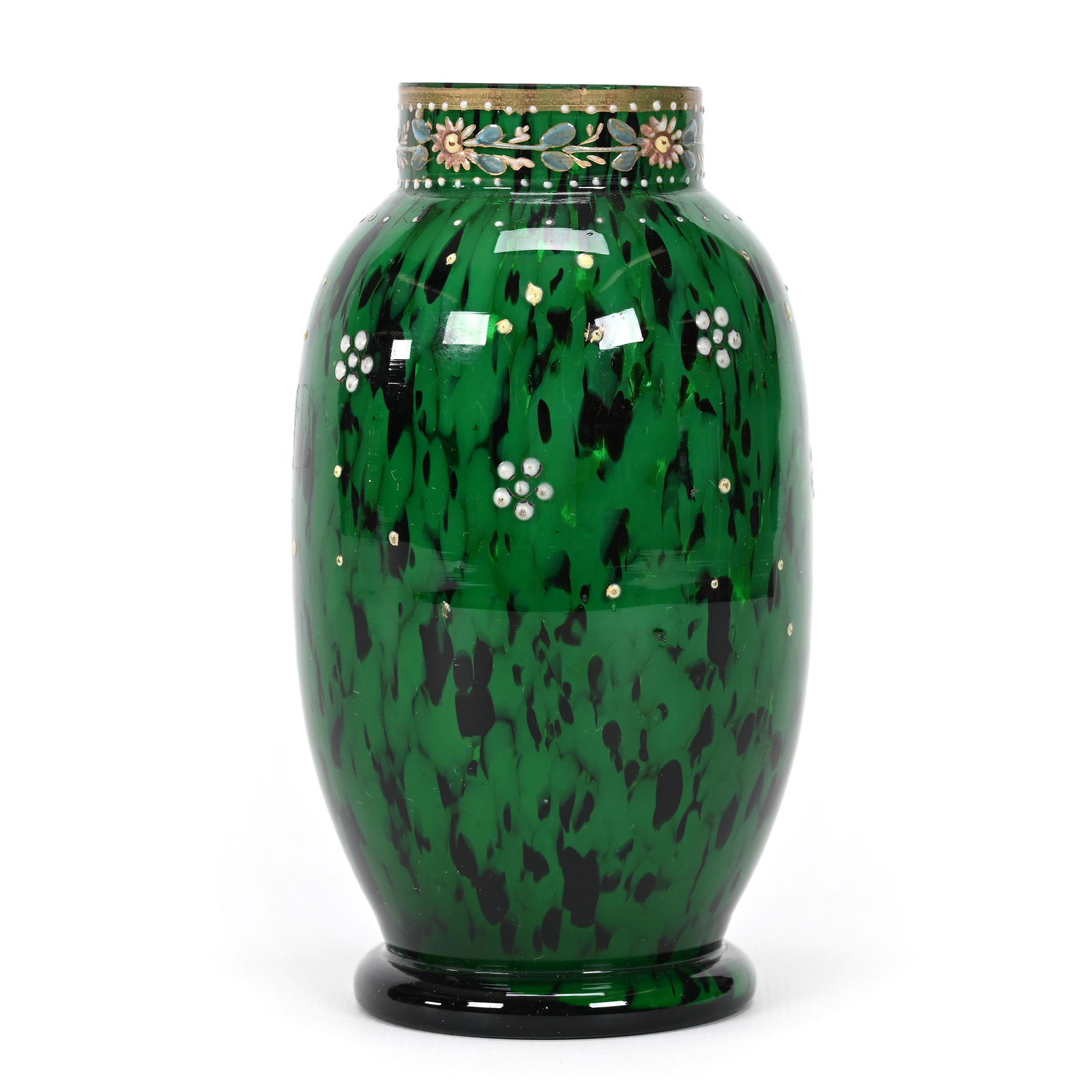 Vase, Cased Green & Black Bohemian Art Glass: Vase, Cased Green & Black Bohemian Art Glass, 5.75" x 3", Mottled Design, Floral Decor, Don Henson Estate, Michigan. Part 3. This auction is the final dispersal of a collection of over 1,700 items sel
