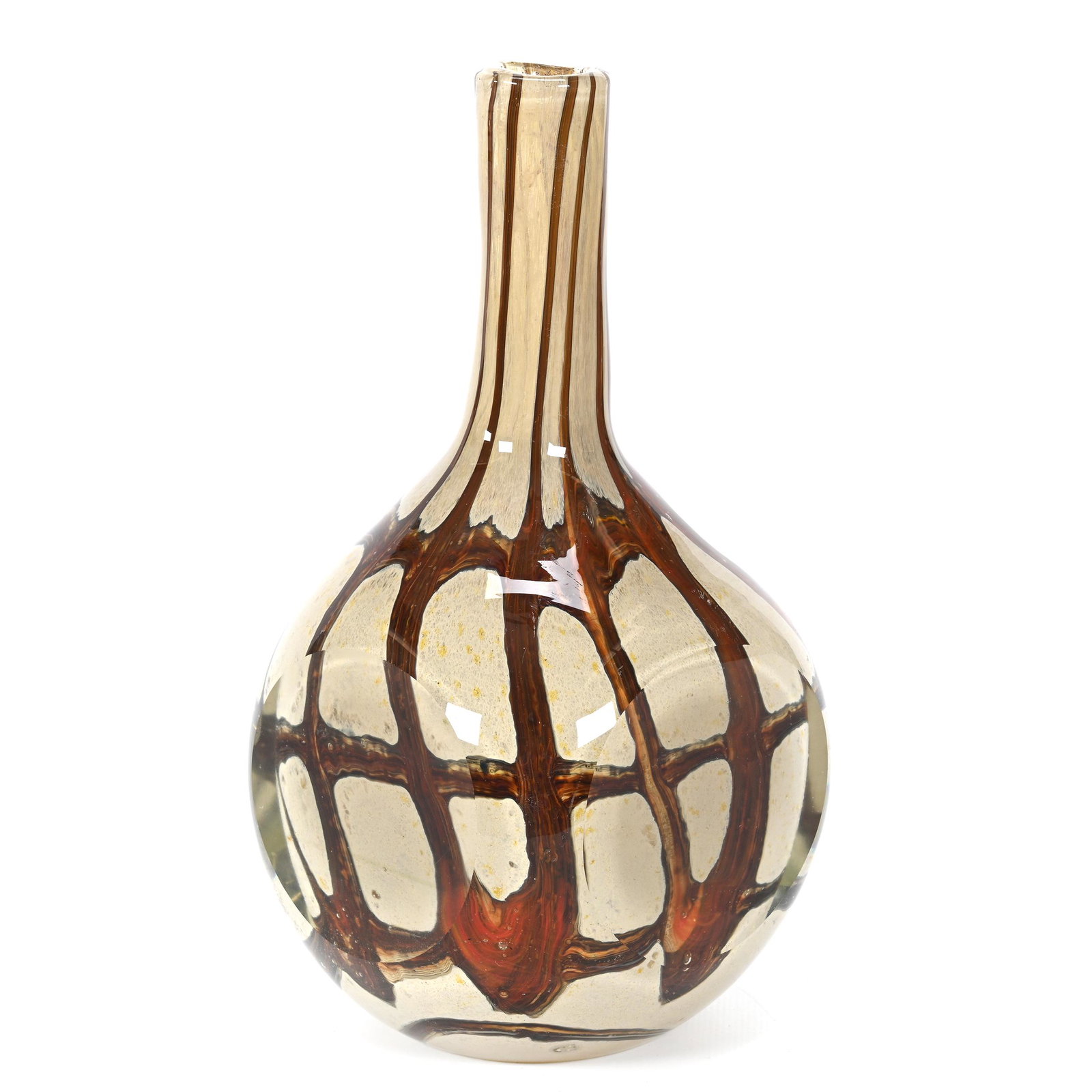 Vase, Heavy Cased Art Glass: Vase, Heavy Cased Art Glass, 9.25" x 4.5", White And Brown Intersecting Line Design, Four Medallion Cut Sides, Surprisingly Heavy, Over 4.5 Pounds Total Weight, Unknown Maker, Don Henson Estate, Michi