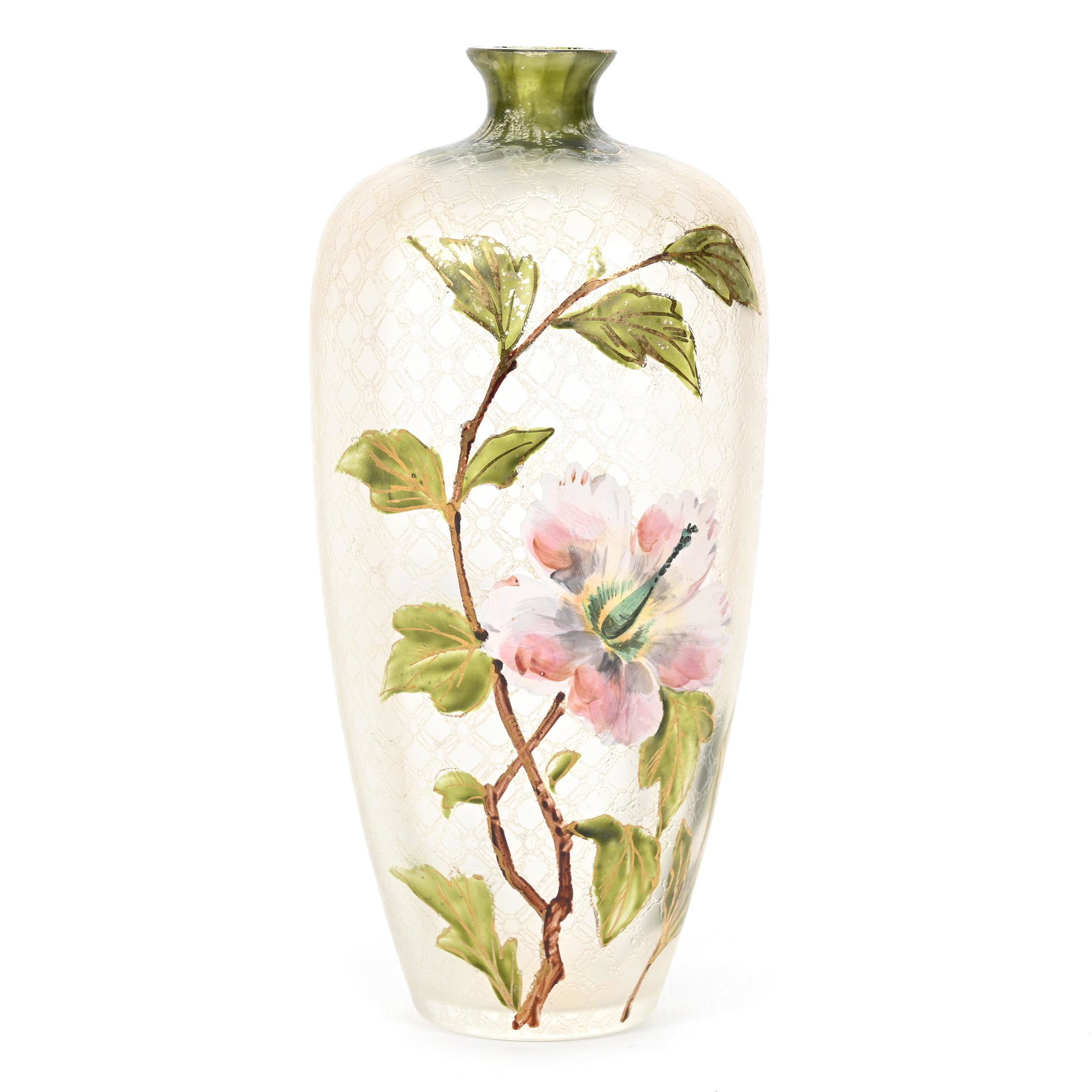 Vase, Frosted Art Glass: Vase, Frosted Art Glass, 7.25" x 3", Acid Cut Lattice Design, Enamel Floral Branch Decor, Original Paper Label On Base, Unable To Read, Don Henson Estate, Michigan. Part 3. This auction is the final d
