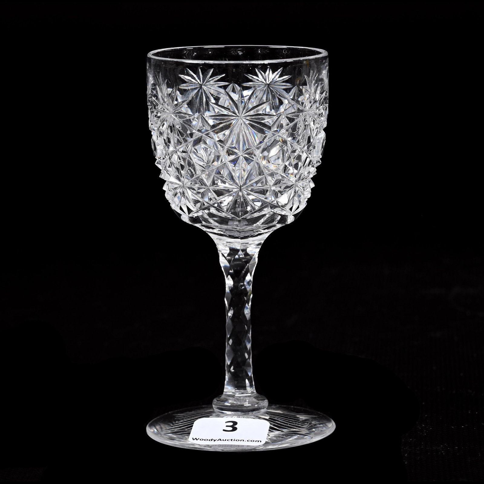 Wine Stem, American Brilliant Cut Glass, Russian Pattern: Wine Stem, American Brilliant Cut Glass, Russian Pattern, 4.25" x 2.25", Clear Cut Buttons, Attributed To Straus, Ray Cut Foot, Dennis R. Lemon Collection.