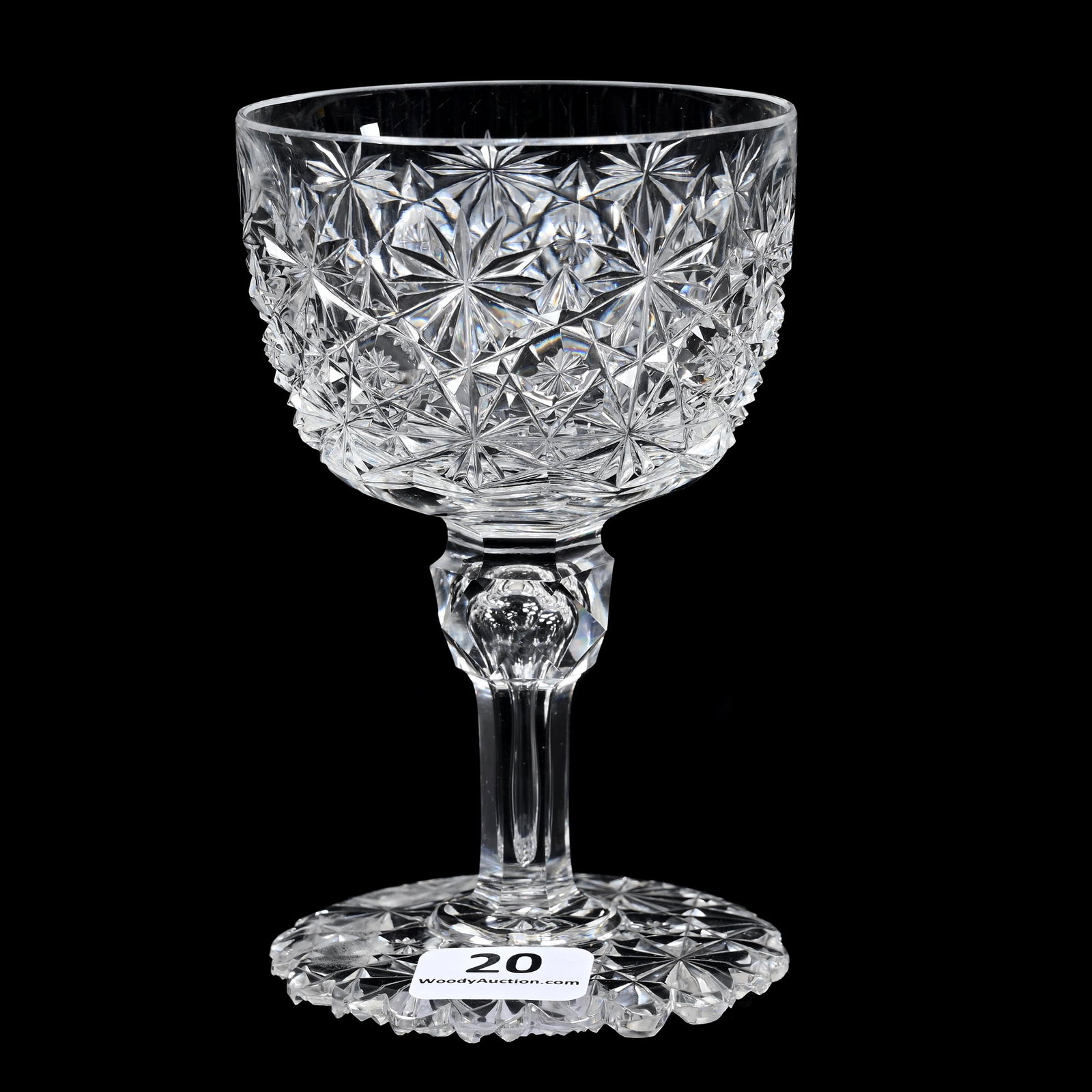 Wine Stem, American Brilliant Cut Glass, Russian Pattern: Wine Stem, American Brilliant Cut Glass, Russian Pattern, 4.5" x 2.75", Attributed To Dorflinger, Star Cut Buttons, Scalloped Pattern Cut Foot, Possible Rim Touch-Up, Dennis R. Lemon Collection.
