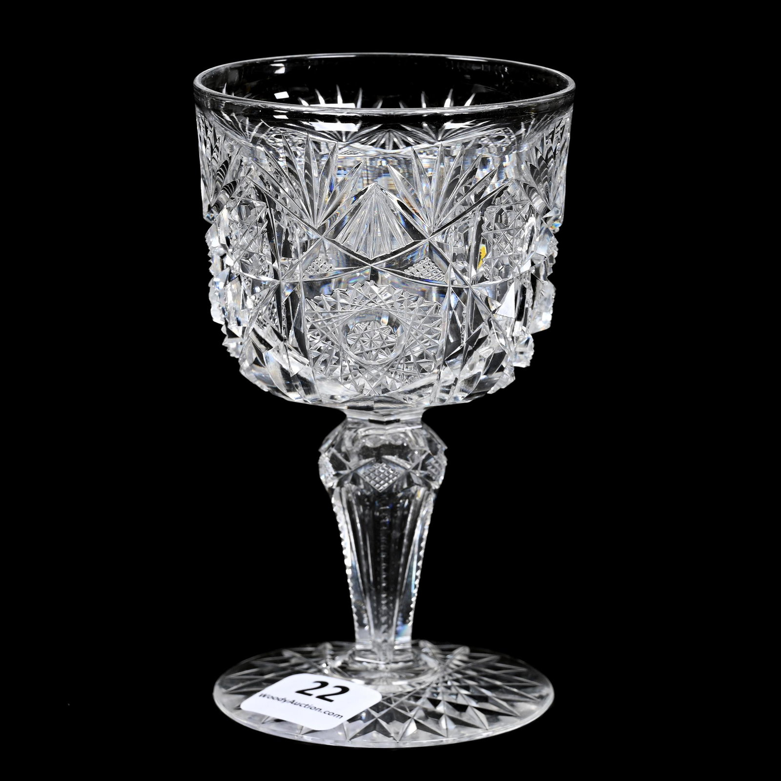 Wine Stem, American Brilliant Cut Glass: Wine Stem, American Brilliant Cut Glass, 4.5" x 2.75", Finely Cut Hobstar, Cane, Strawberry Diamond, Panel And Fan Motif, Pattern Cut Stem, Hobstar Foot, Extra Nice Quality, Dennis R. Lemon Collection
