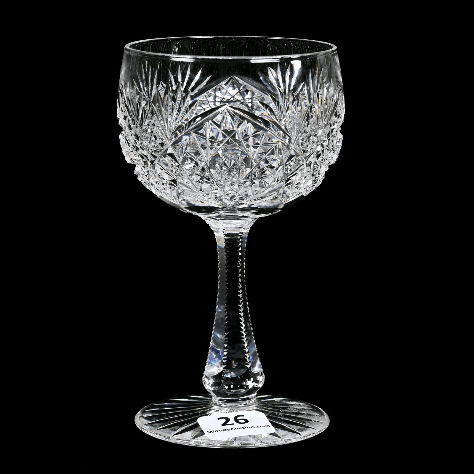 Wine Stem, American Brilliant Cut Glass: Wine Stem, American Brilliant Cut Glass, 4.75" x 2.75", Pattern Resembles Venetia By Libbey, Ray Cut Foot, Dennis R. Lemon Collection.