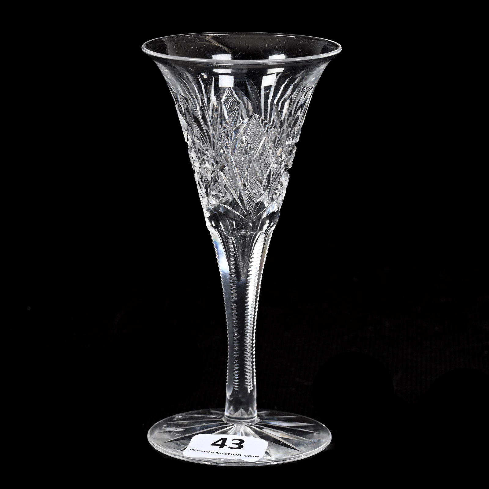 Sherry Stem, American Brilliant Cut Glass: Sherry Stem, American Brilliant Cut Glass, 4.5" x 2.25", Pattern Resembles Doris By Pairpoint, Notched Stem, Ray Cut Foot, Dennis R. Lemon Collection.