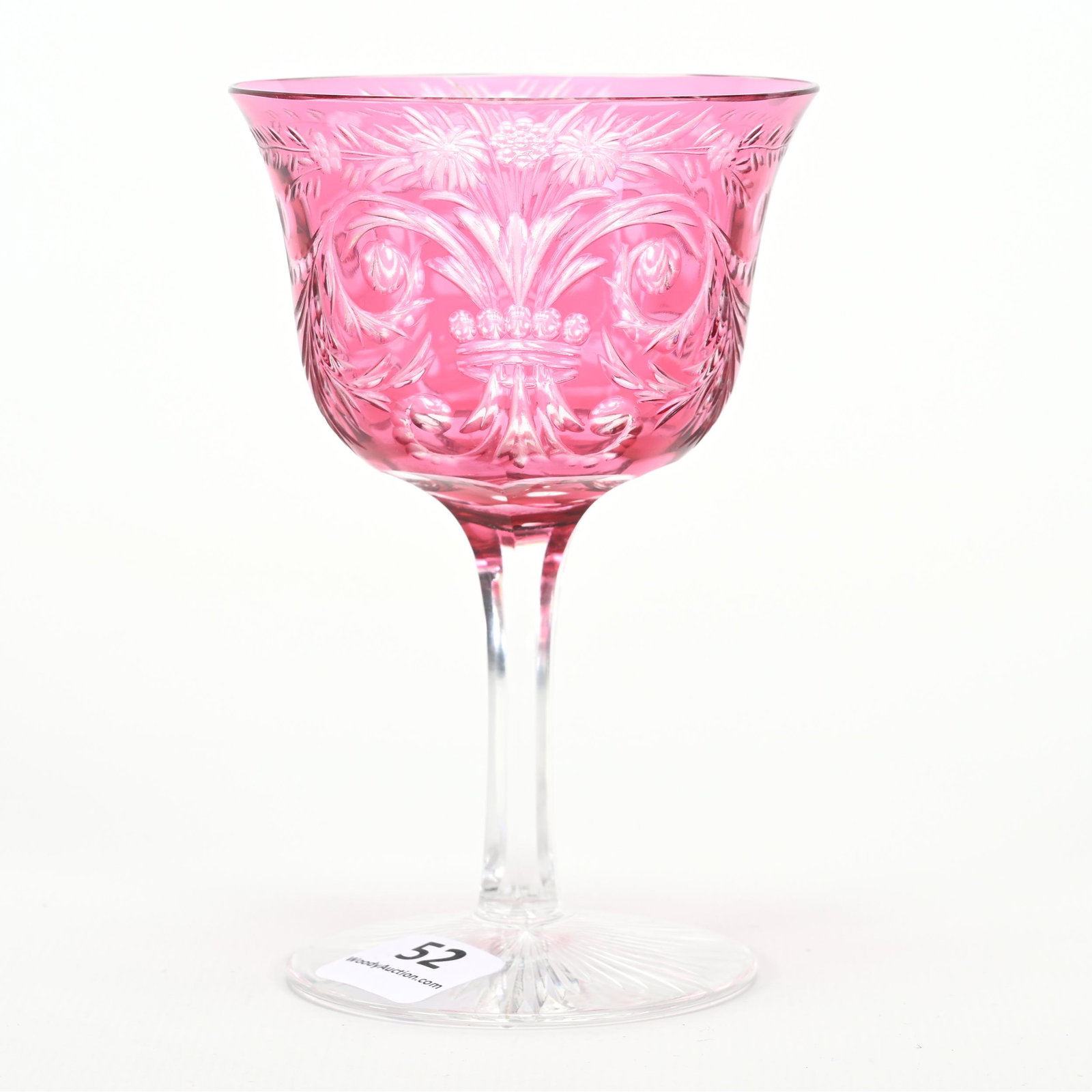 Wine Stem, ABCG, Cranberry Cut To Clear: Wine Stem, ABCG, Cranberry Cut To Clear, 4.75" x 3", Lightly Engraved Floral And Scroll Design, Attributed To Sinclaire, Ray Cut Foot, Professional Rim Polish, Dennis R. Lemon Collection.