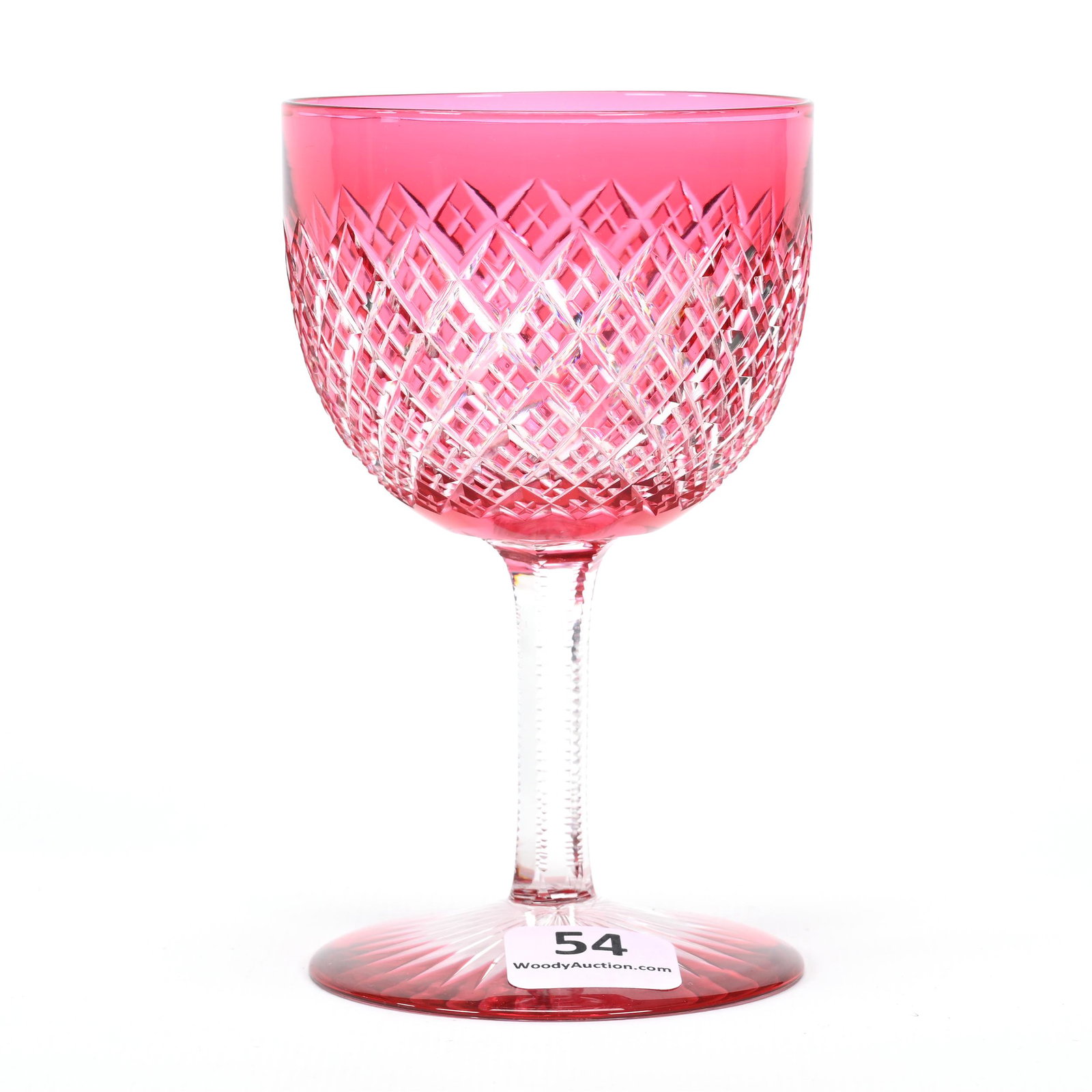 Wine Stem, ABCG, Cranberry Cut To Clear: Wine Stem, ABCG, Cranberry Cut To Clear, 4.5" x 2.75", Crosscut Diamond Motif, Notched Stem, Colored Ray Cut Foot, Dennis R. Lemon Collection.