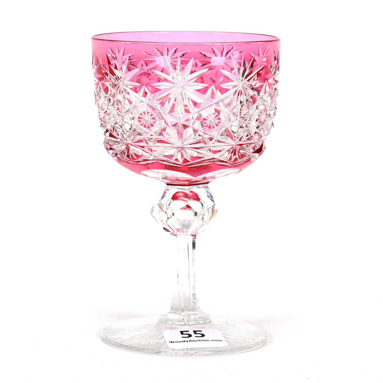 Wine Stem, ABCG, Cranberry Cut To Clear: Wine Stem, ABCG, Cranberry Cut To Clear, 4.5" x 2.75", Russian Pattern, Star Cut Buttons, Dennis R. Lemon Collection.