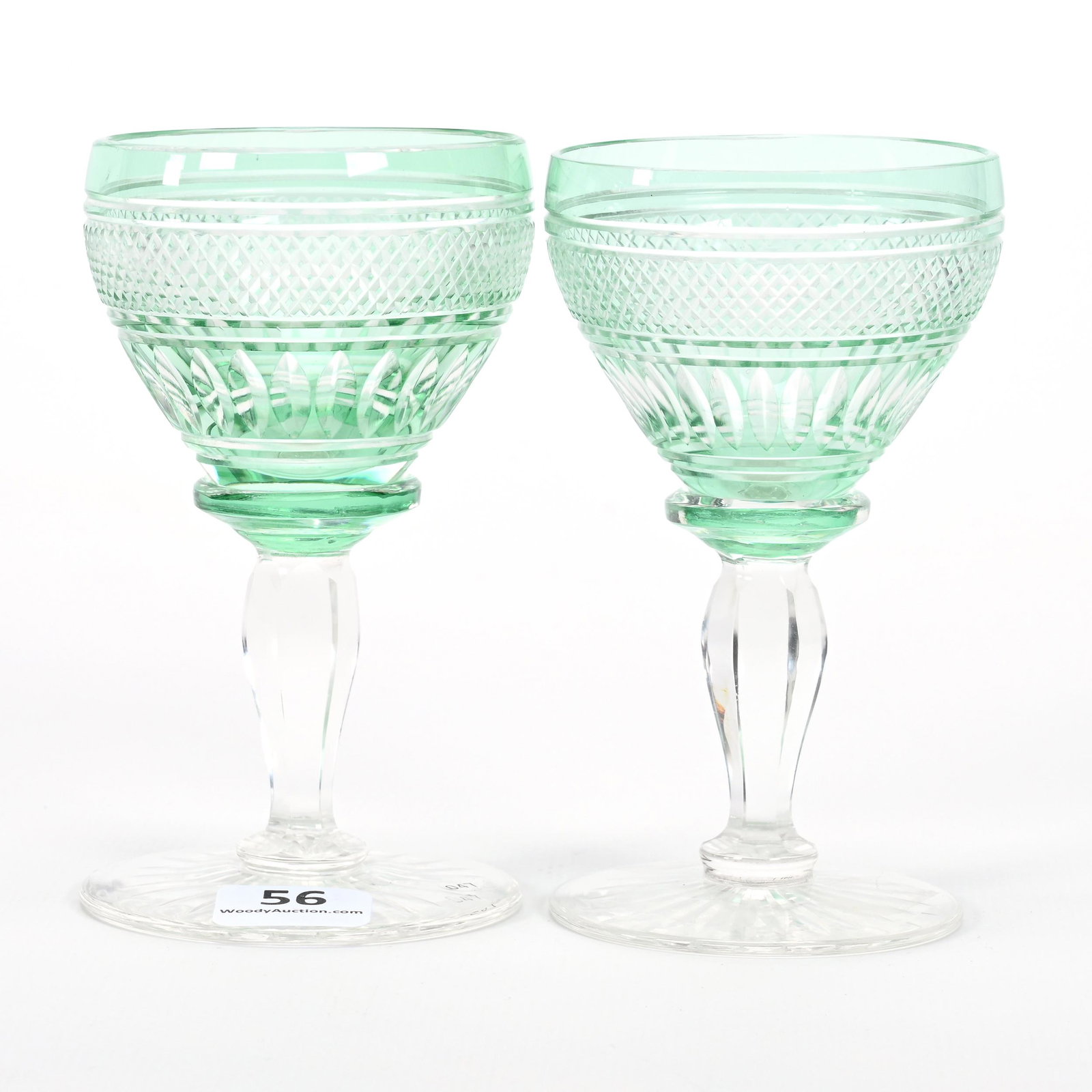 Pair Wine Stems, ABCG, Pale Green Cut To Clear: Pair Wine Stems, ABCG, Pale Green Cut To Clear, 4.25" x 2.5", Strawberry Diamond Band And Miter Motif, Ray Cut Foot, Dennis R. Lemon Collection.