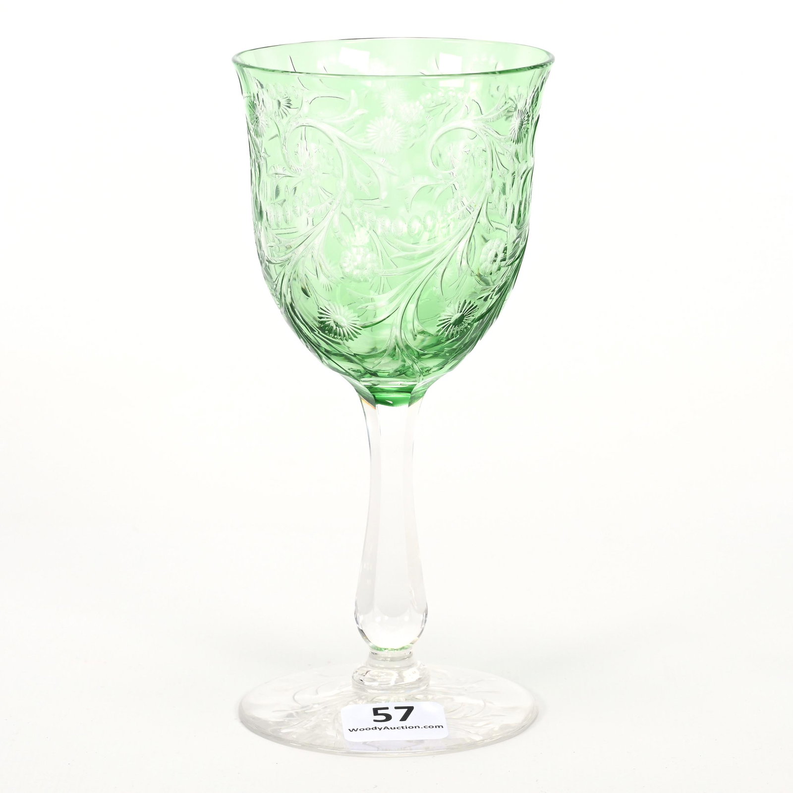 Wine Stem, ABCG, Green Cut To Clear: Wine Stem, ABCG, Green Cut To Clear, 5.75" x 2.75", Engraved Floral And Scroll Design, Pattern Engraved Foot, Attributed To Sinclaire, Dennis R. Lemon Collection.