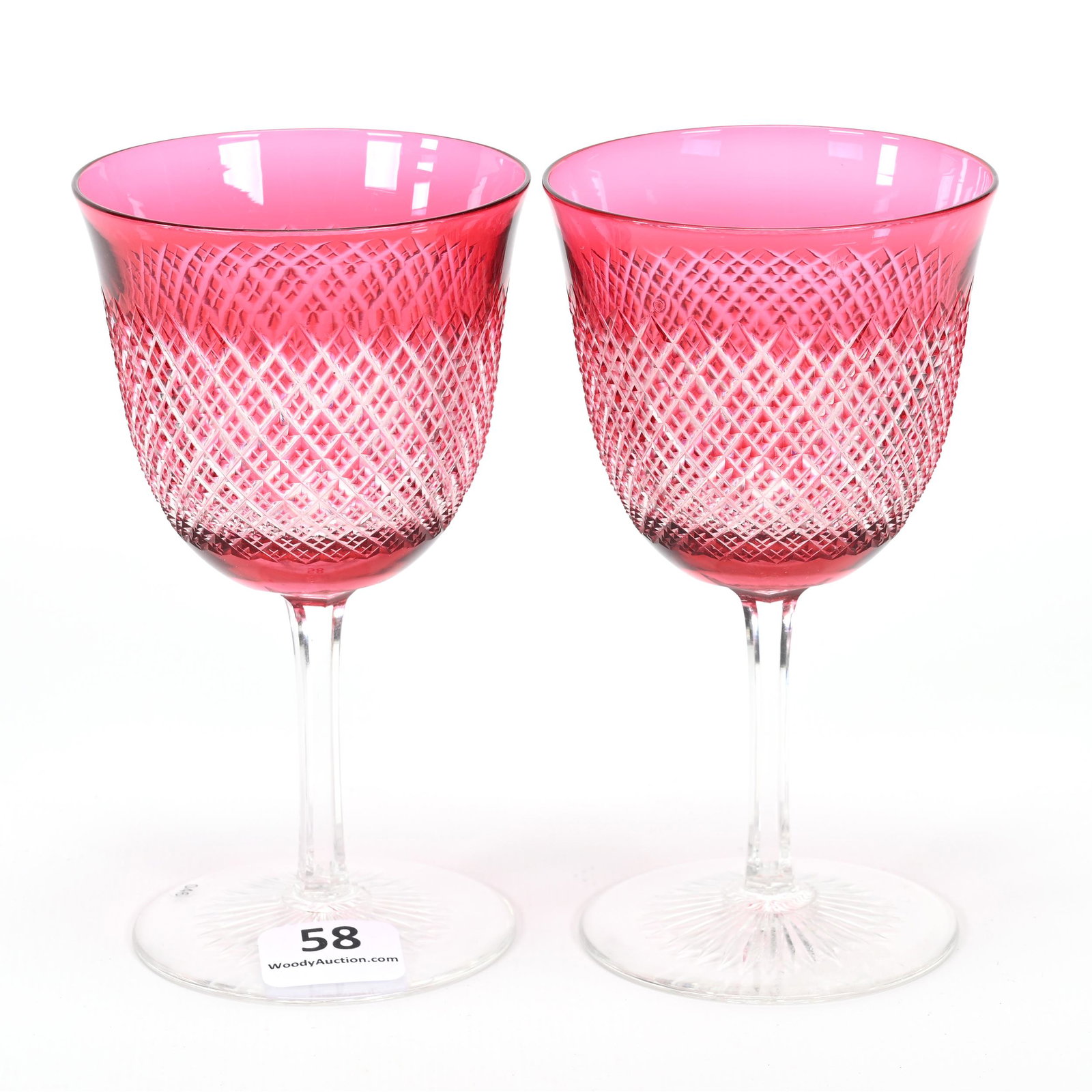 Pair Wine Stems, BPCG, Cranberry Cut To Clear: Pair Wine Stems, BPCG, Cranberry Cut To Clear, 4.75" x 2.75", Crosscut Diamond Motif, Ray Cut Foot, Dennis R. Lemon Collection.