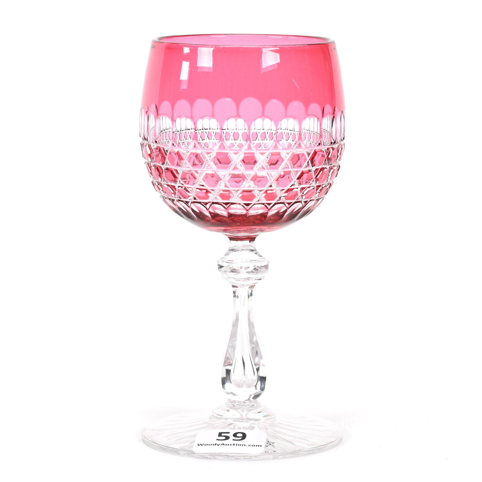 Wine Stem, ABCG, Cranberry Cut To Clear: Wine Stem, ABCG, Cranberry Cut To Clear, 5" x 2.5", Hob Diamond And Punty Motif, Teardrop Stem, Ray Cut Foot, Dennis R. Lemon Collection.