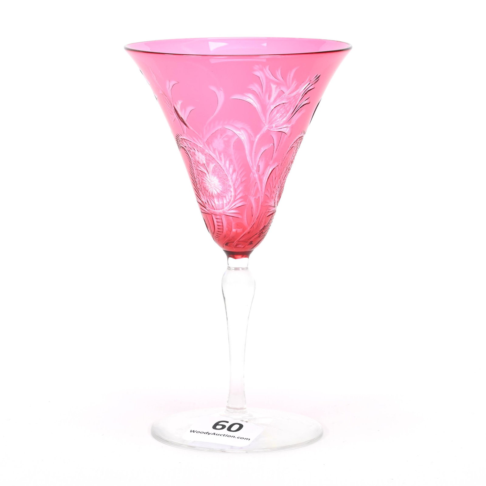 Wine Stem, ABCG, Cranberry Cut To Clear: Wine Stem, ABCG, Cranberry Cut To Clear, 4.75" x 2.75", Engraved Floral And Paisley Design, Pattern Engraved Foot, Dennis R. Lemon Collection.