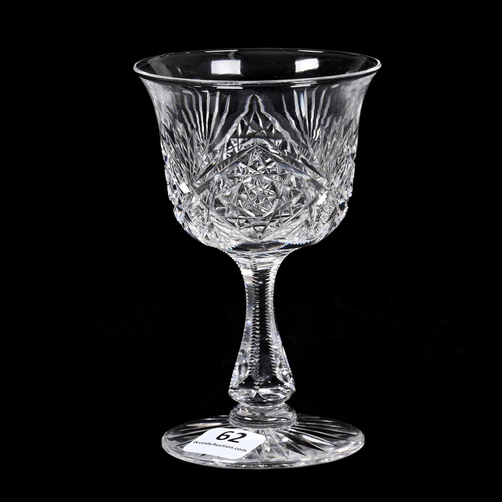 Wine Stem, American Brilliant Cut Glass: Wine Stem, American Brilliant Cut Glass, 4.75" x 3", Pattern Resembles #55 By Libbey, Notched Stem, Ray Cut Foot, Dennis R. Lemon Collection.