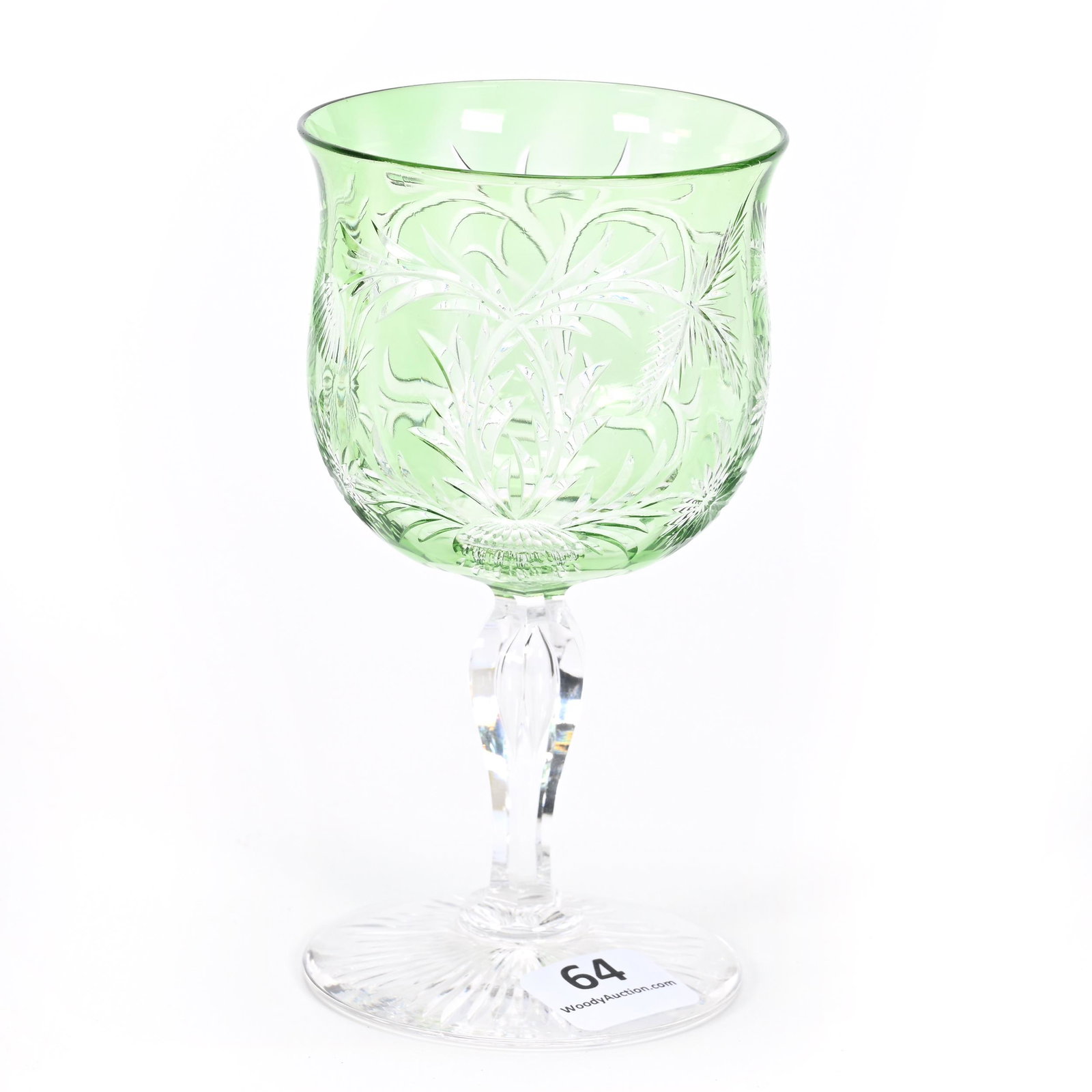 Wine Stem, ABCG, Green Cut To Clear: Wine Stem, ABCG, Green Cut To Clear, 5" x 2.75", Engraved Floral Design, Teardrop Stem, Ray Cut Foot, Dennis R. Lemon Collection.