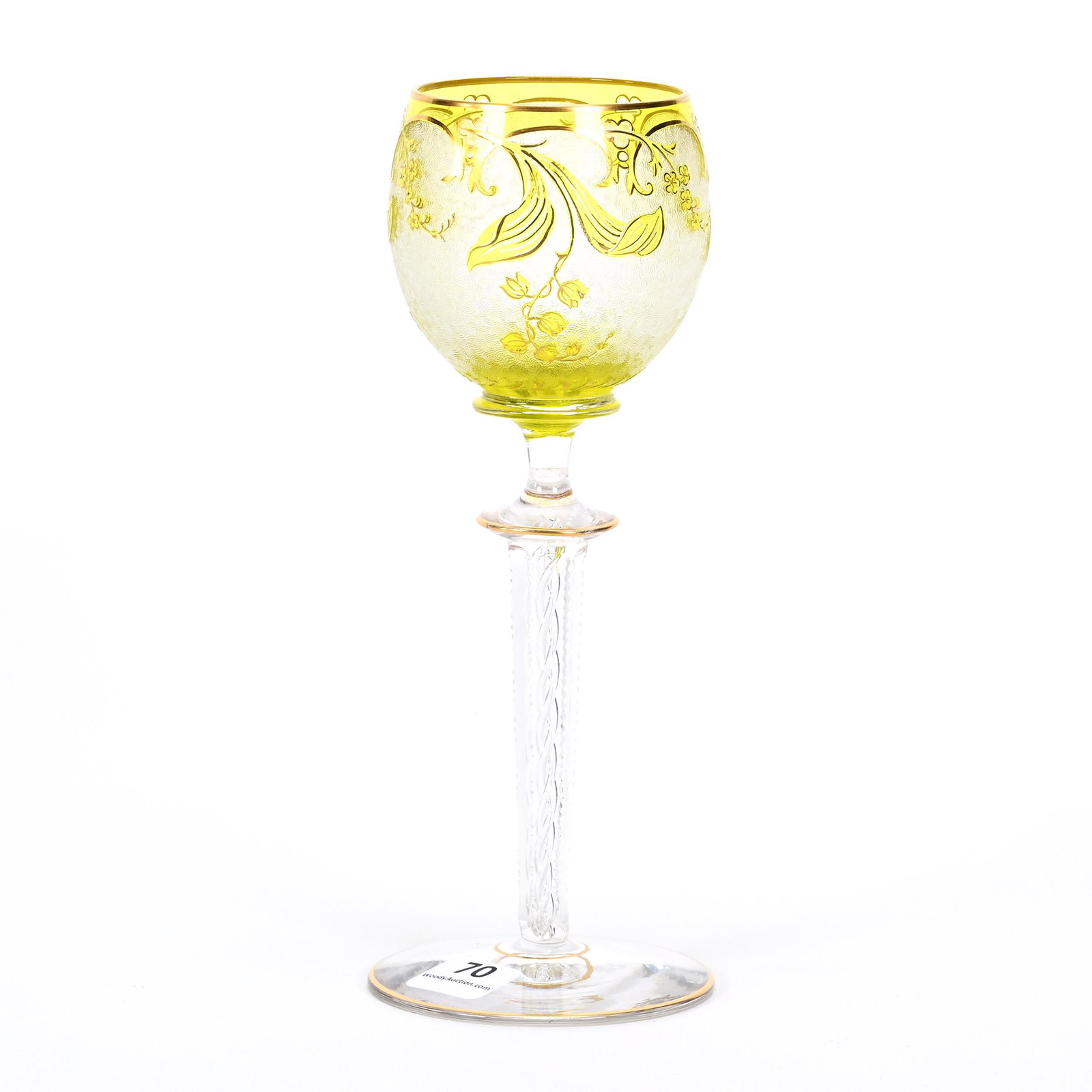 Wine Stem, BPCG, Yellow Acid Cut To Clear: Wine Stem, BPCG, Yellow Acid Cut To Clear, 8" x 3", Floral Design With Gold Stencil Highlights, Air Twist Stem, Attributed To Baccarat, Dennis R. Lemon Collection.