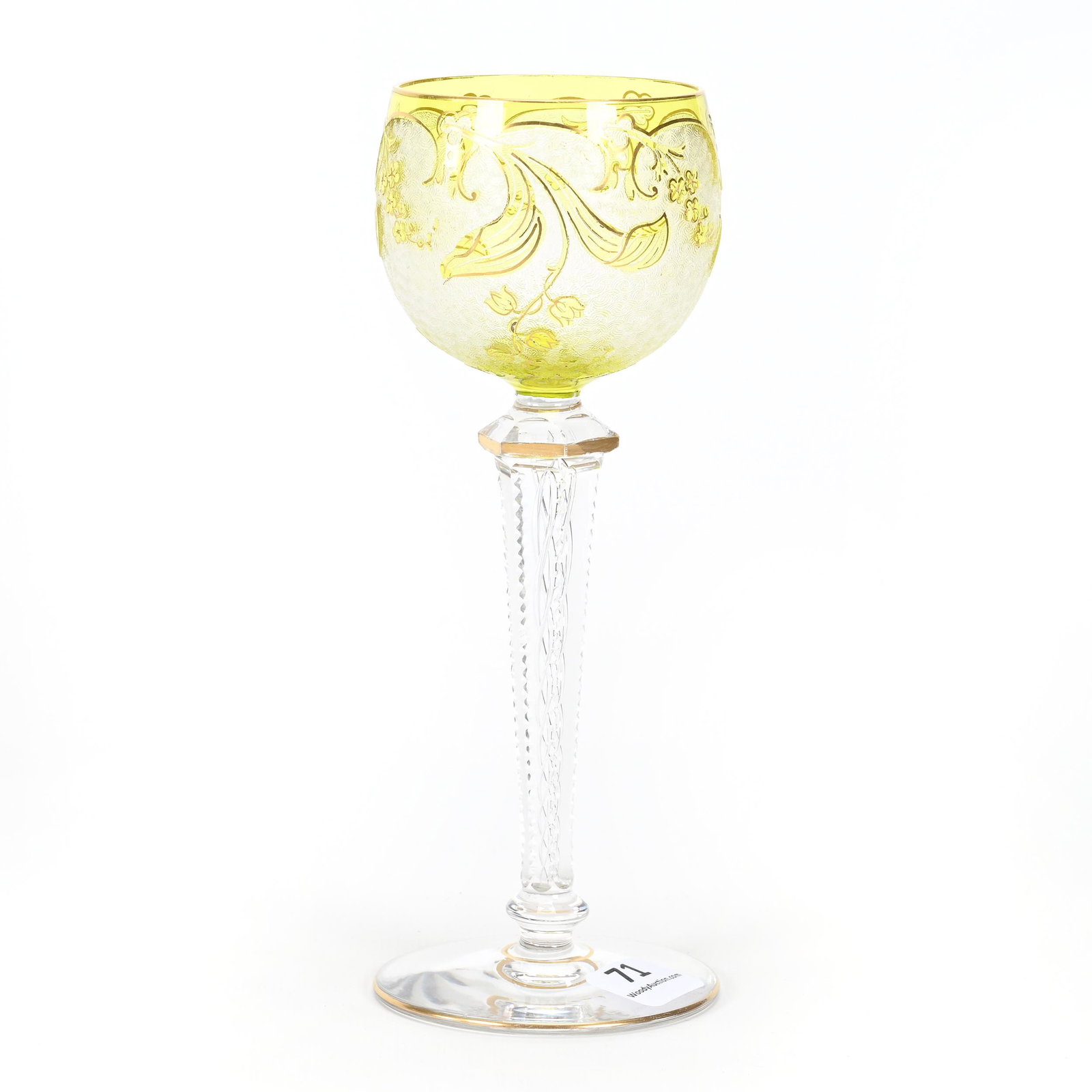Wine Stem, BPCG, Yellow Acid Cut To Clear: Wine Stem, BPCG, Yellow Acid Cut To Clear, 7.25" x 2.75", Floral Design With Gold Stencil Highlights, Air Twist Stem, Attributed To Baccarat, Dennis R. Lemon Collection.