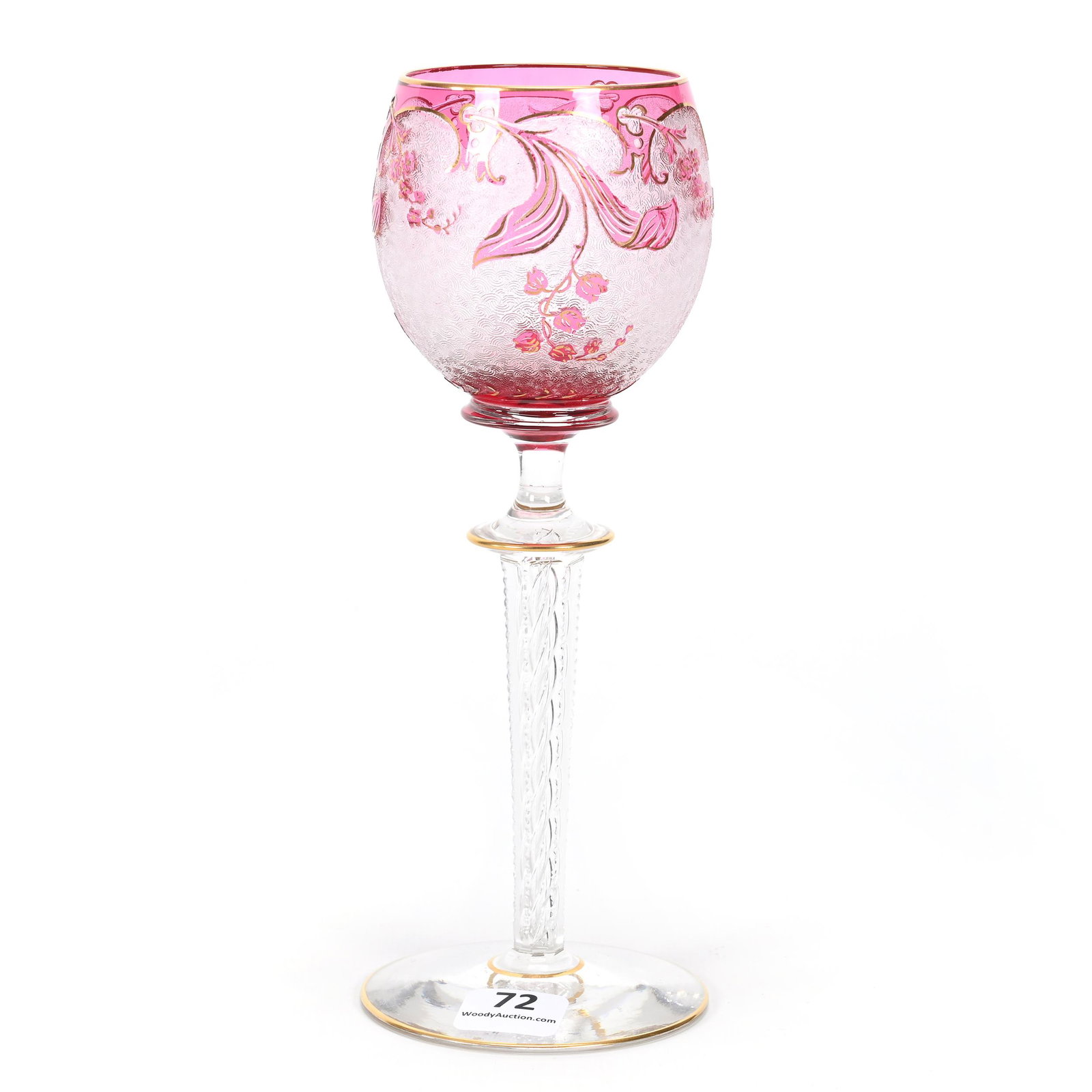Wine Stem, BPCG, Cranberry Acid Cut To Clear: Wine Stem, BPCG, Cranberry Acid Cut To Clear, 8" x 3", Floral Design With Gold Stencil Highlights, Air Twist Stem, Attributed To Baccarat, Dennis R. Lemon Collection.