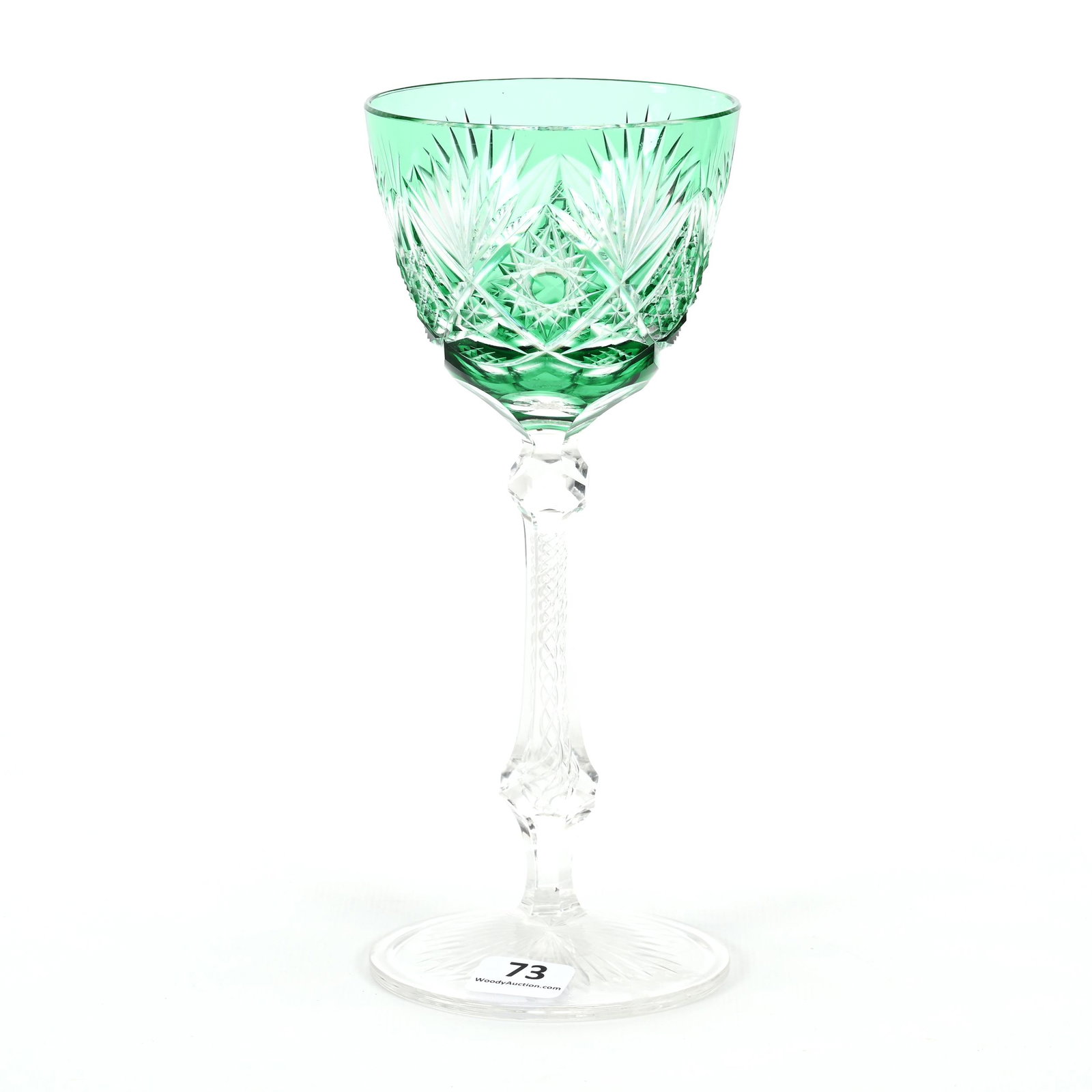 Wine Stem, BPCG, Green Cut To Clear: Wine Stem, BPCG, Green Cut To Clear, 8" x 3.25", Hobstar And Cane, Strawberry Diamond, Star And Fan Motif, Air Twist Stem, Ray Cut Foot, Beveled Rim, Dennis R. Lemon Collection.