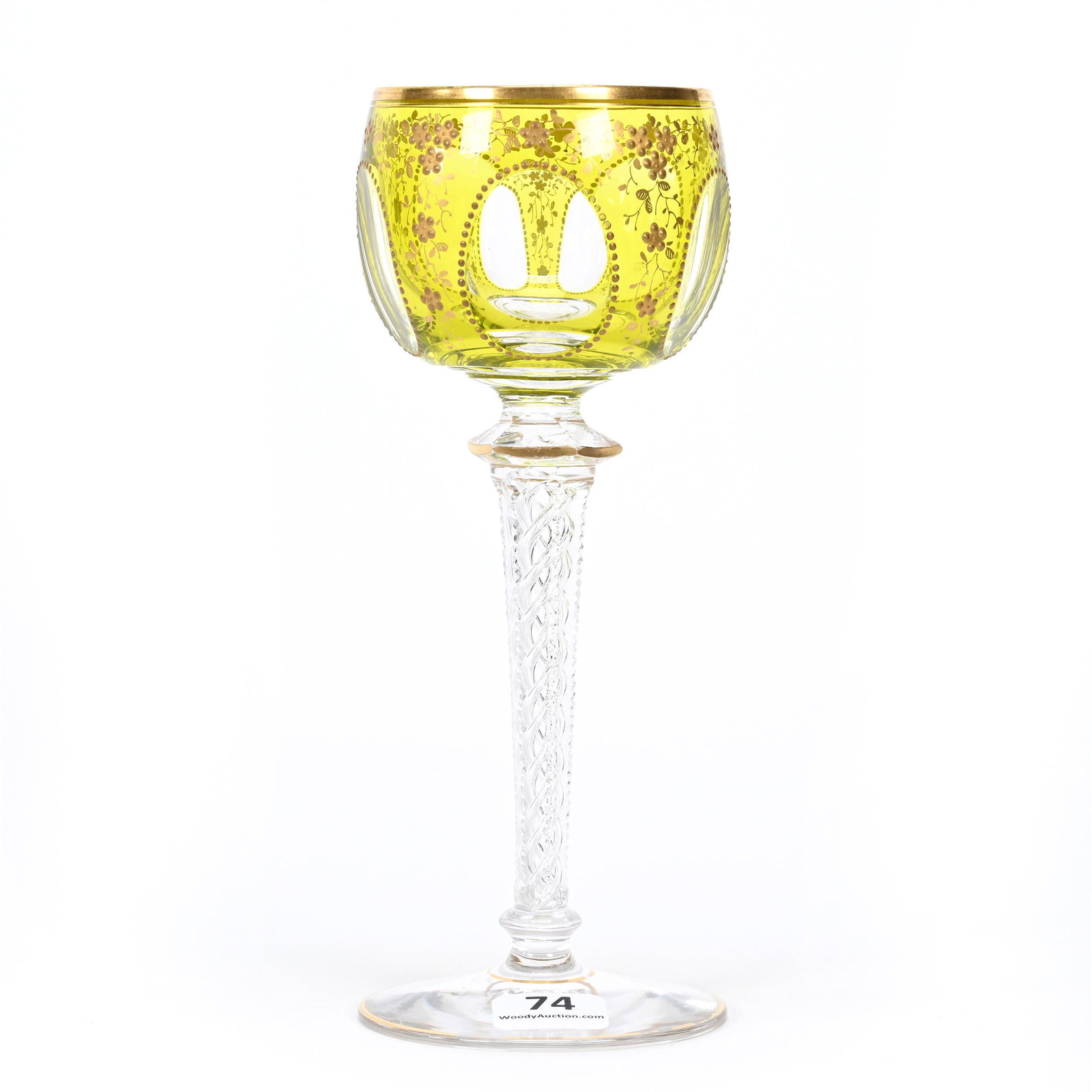 Wine Stem, BPCG, Yellow Cut To Clear: Wine Stem, BPCG, Yellow Cut To Clear, 7.25" x 2.75", Five Windows With Enamel Floral Decor, Air Twist Stem, Dennis R. Lemon Collection.