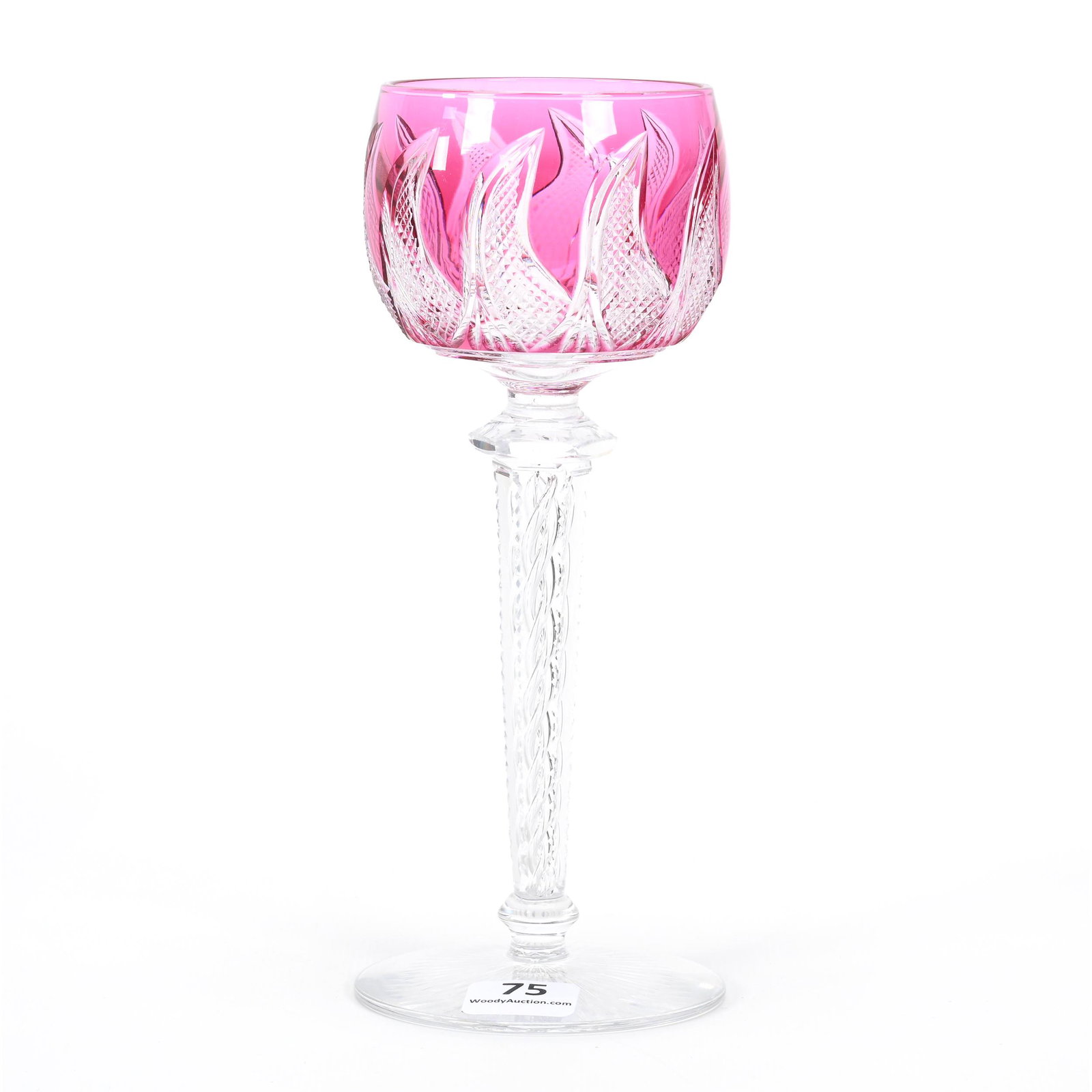 Wine Stem, BPCG, Cranberry Cut To Clear: Wine Stem, BPCG, Cranberry Cut To Clear, 7.25" x 3", Strawberry Diamond "Flame" Design, Air Twist Stem, Ray Cut Foot, Dennis R. Lemon Collection.
