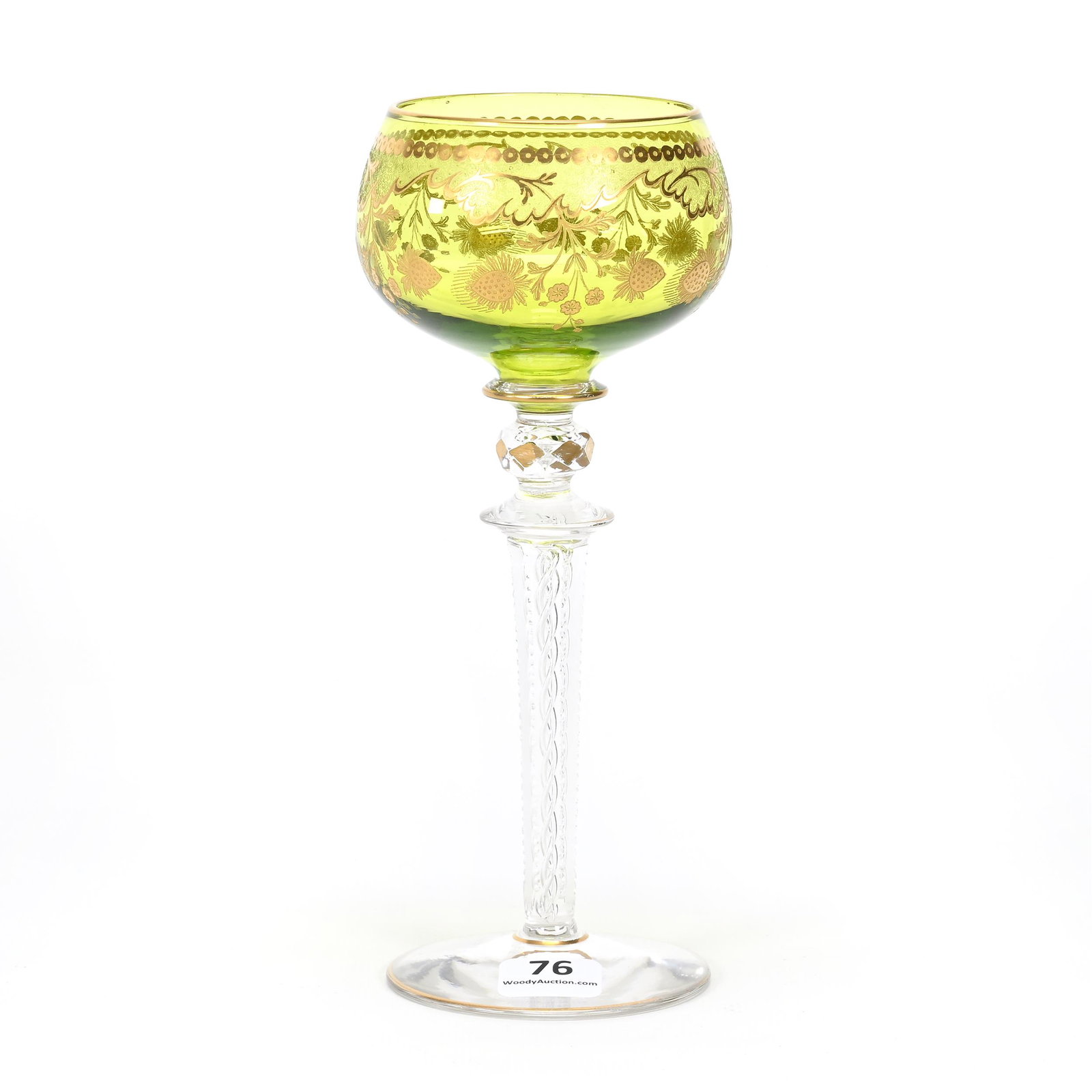 Wine Stem, BPCG, Solid Green Bowl: Wine Stem, BPCG, Solid Green Bowl, 7.5" x 3", Acid Cut Floral Design, Gold Stencil Highlights, Air Twist Stem, Dennis R. Lemon Collection.