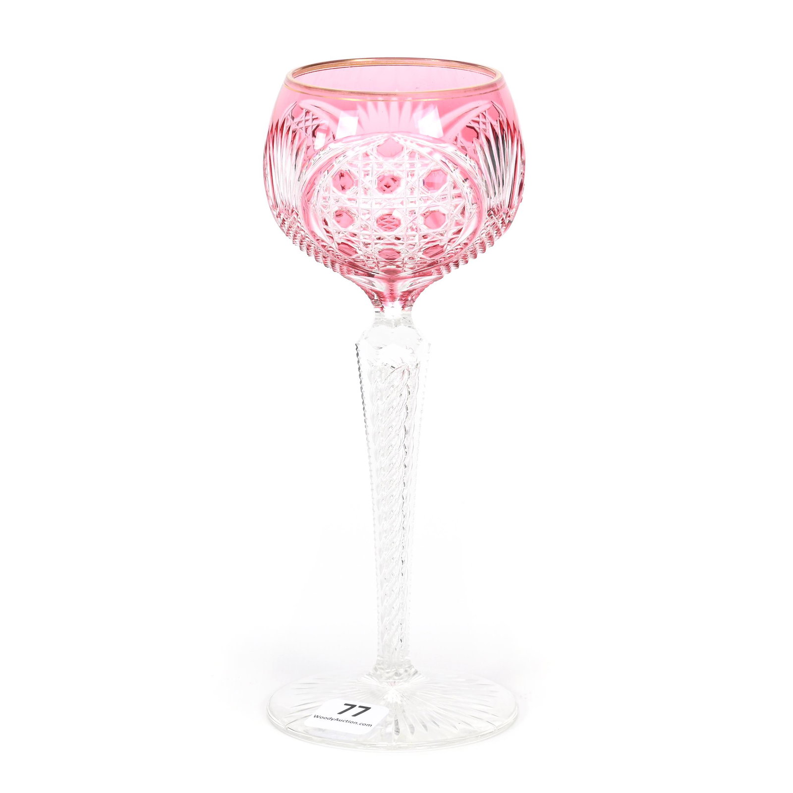 Wine Stem, BPCG, Cranberry Cut To Clear: Wine Stem, BPCG, Cranberry Cut To Clear, 7.75" x 3", Cane, Strawberry Diamond, Tusk And Fan Motif, Air Twist Stem, Ray Cut Foot, Dennis R. Lemon Collection.