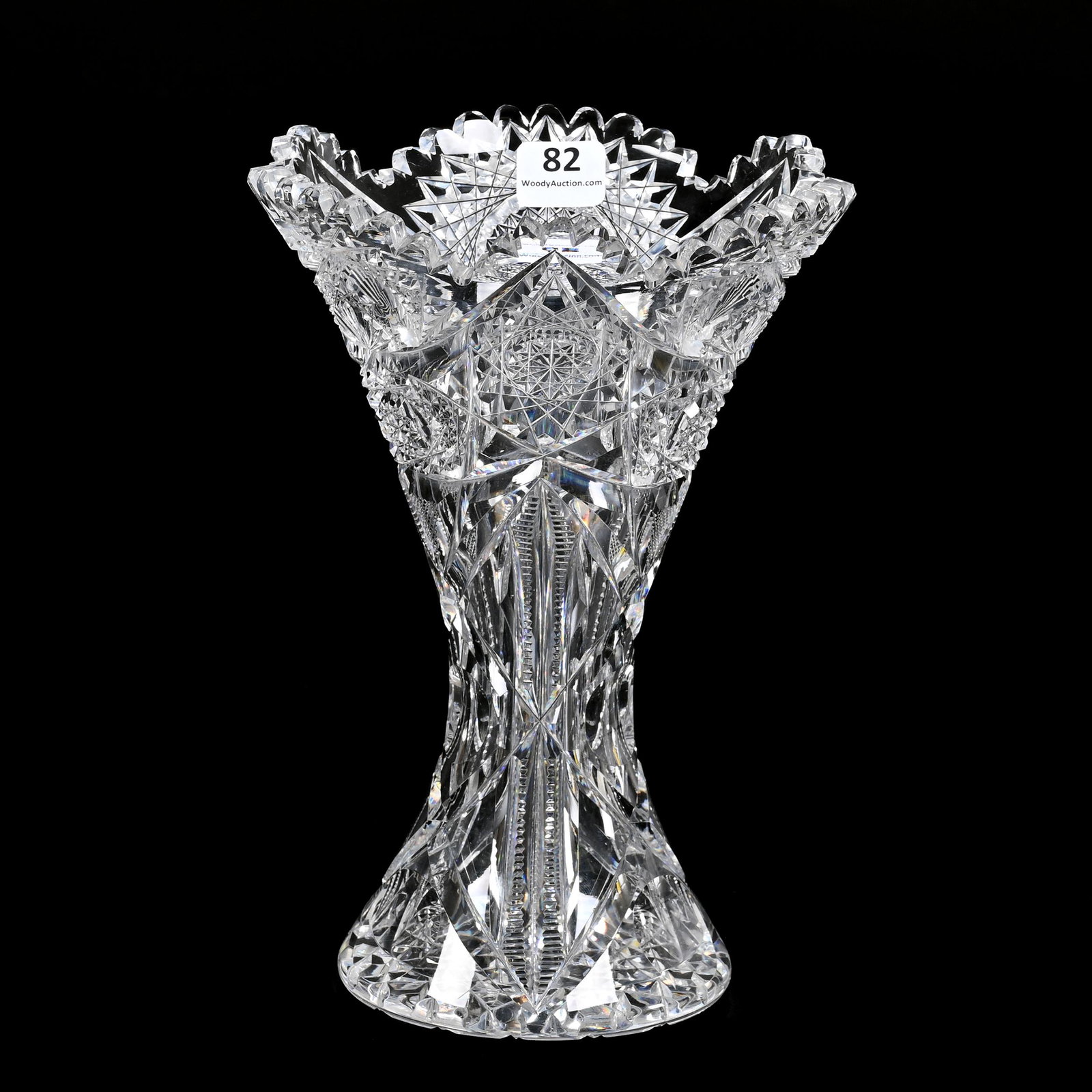 Vase, American Brilliant Cut Glass: Vase, American Brilliant Cut Glass, 8.25" x 5.75", Hobstar, Strawberry Diamond, Zipper And Bullseye Motif, Hobstar Base, Dennis R. Lemon Collection.