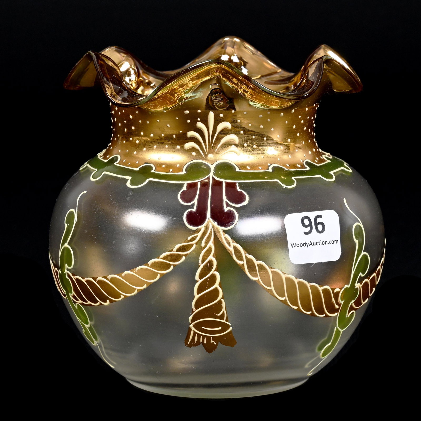 Vase, Bohemian Art Glass: Vase, Bohemian Art Glass, 4.75" x 4.5", Clear Frosted With Heavy Gold Trim, Garland Design, Polished Pontil Base, Dennis R. Lemon Collection.