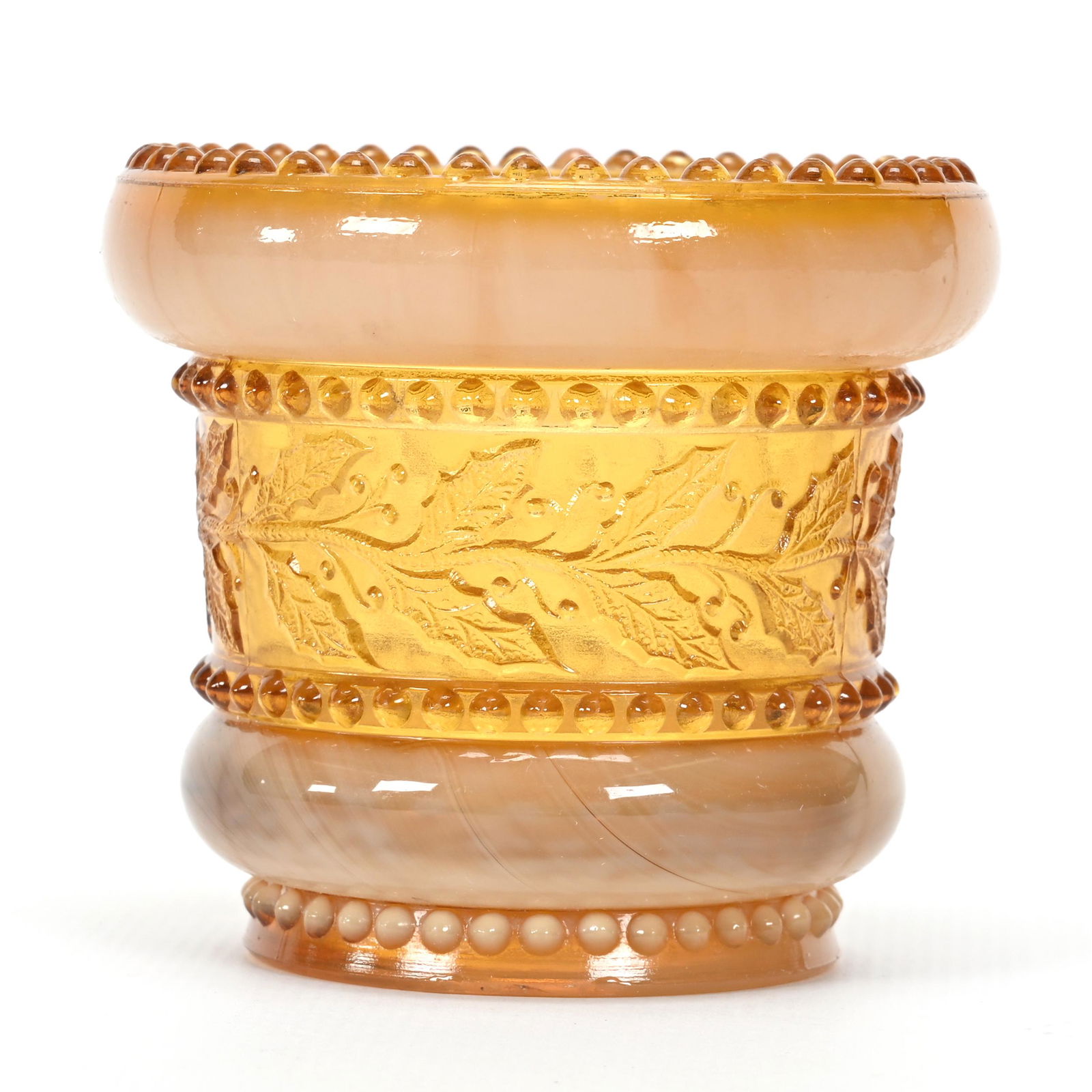Toothpick Holder, Original Golden Agate Glass: Toothpick Holder, Original Golden Agate Glass, 2.5" x 2.75", Holly Pattern, Dennis R. Lemon Collection.