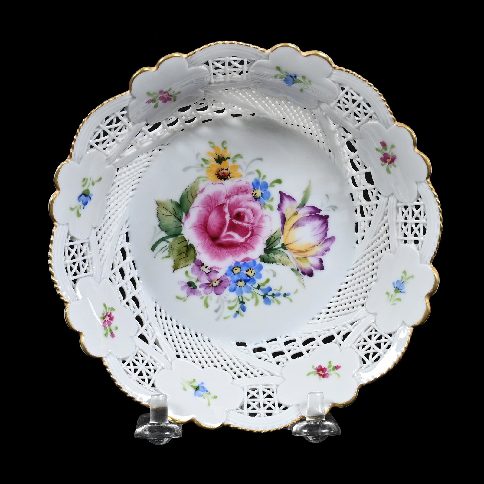 Bowl, Klausenburg China: Bowl, Klausenburg China, 5", White With Delicate Lattice Design, Hand Painted Floral Decor, Original Box Included, Monica Model, Dennis R. Lemon Collection.
