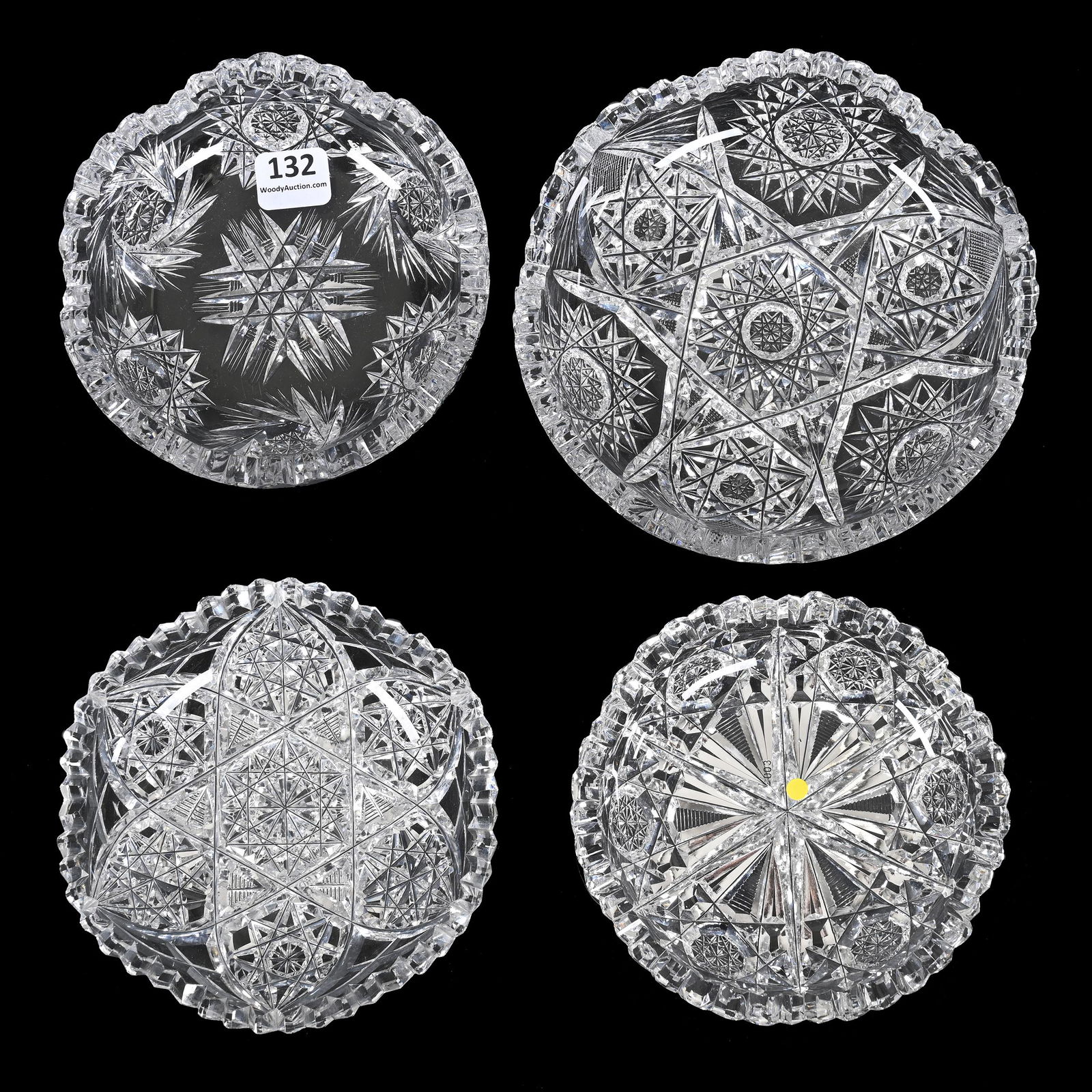 (4) Nappies, ABCG: (4) Nappies, ABCG, (1) 6", Hobstar, Strawberry Diamond And Fan Motif, Tooth Chips, (1) 5", Hobstar, Pinwheel And Prism Motif, (1) 5", Hobstar & Vesica Motif, Attributed To Tuthill, (1) 5", Signed Hawk