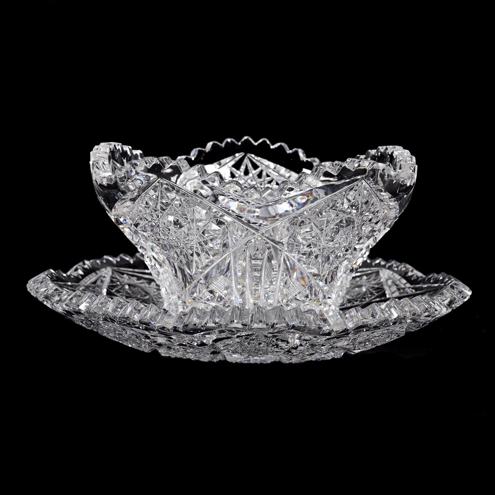 Mayonnaise Bowl/Underplate Marriage, ABCG: Mayonnaise Bowl/Underplate Marriage, ABCG, 3.25" x 7", Bowl Is Nimrod Pattern By Maple City, Underplate Is Pattern #99 By Dorflinger, Work Well Together, Roughness On Rim Of Bowl, Tooth Chip On Plate,