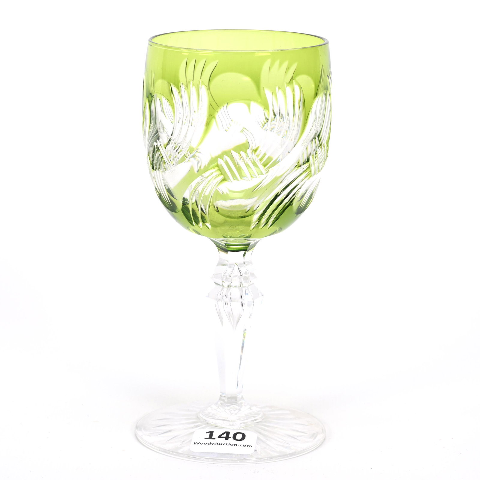 Wine Stem, BPCG, Green Cut To Clear: Wine Stem, BPCG, Green Cut To Clear, 5.5" x 2.5", Swirled Design, Teardrop Stem, Ray Cut Foot, Possibly Val St. Lambert Or Baccarat, Rich & Sandy Encelewski Collection.