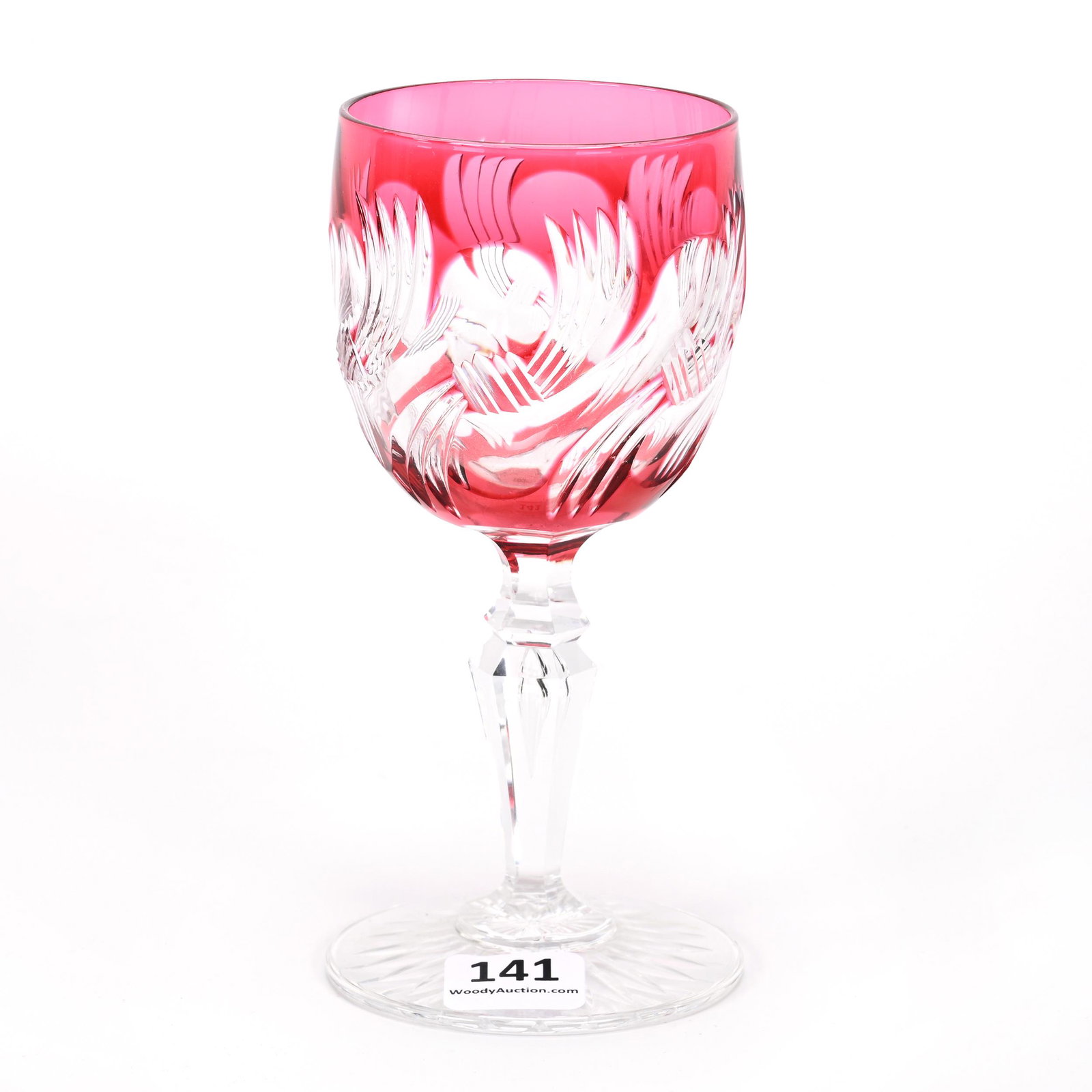 Wine Stem, BPCG, Cranberry Cut To Clear: Wine Stem, BPCG, Cranberry Cut To Clear, 5.5" x 2.5", Swirled Design, Teardrop Stem, Ray Cut Foot, Possibly Val St. Lambert Or Baccarat, Rich & Sandy Encelewski Collection.