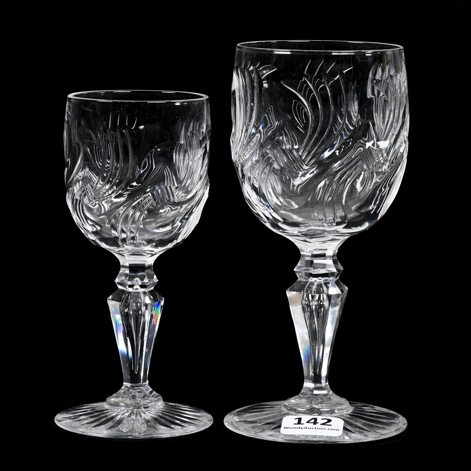 (2) Wine Stems, BPCG, Clear: (2) Wine Stems, BPCG, Clear, Swirled Design, Teardrop Stem, Ray Cut Foot, Possibly Val St. Lambert Or Baccarat, Matches Lots #140 & #141, (1) 5.5" X 2.5", (1) 4.75" X 2", Rich & Sandy Encelewski Colle
