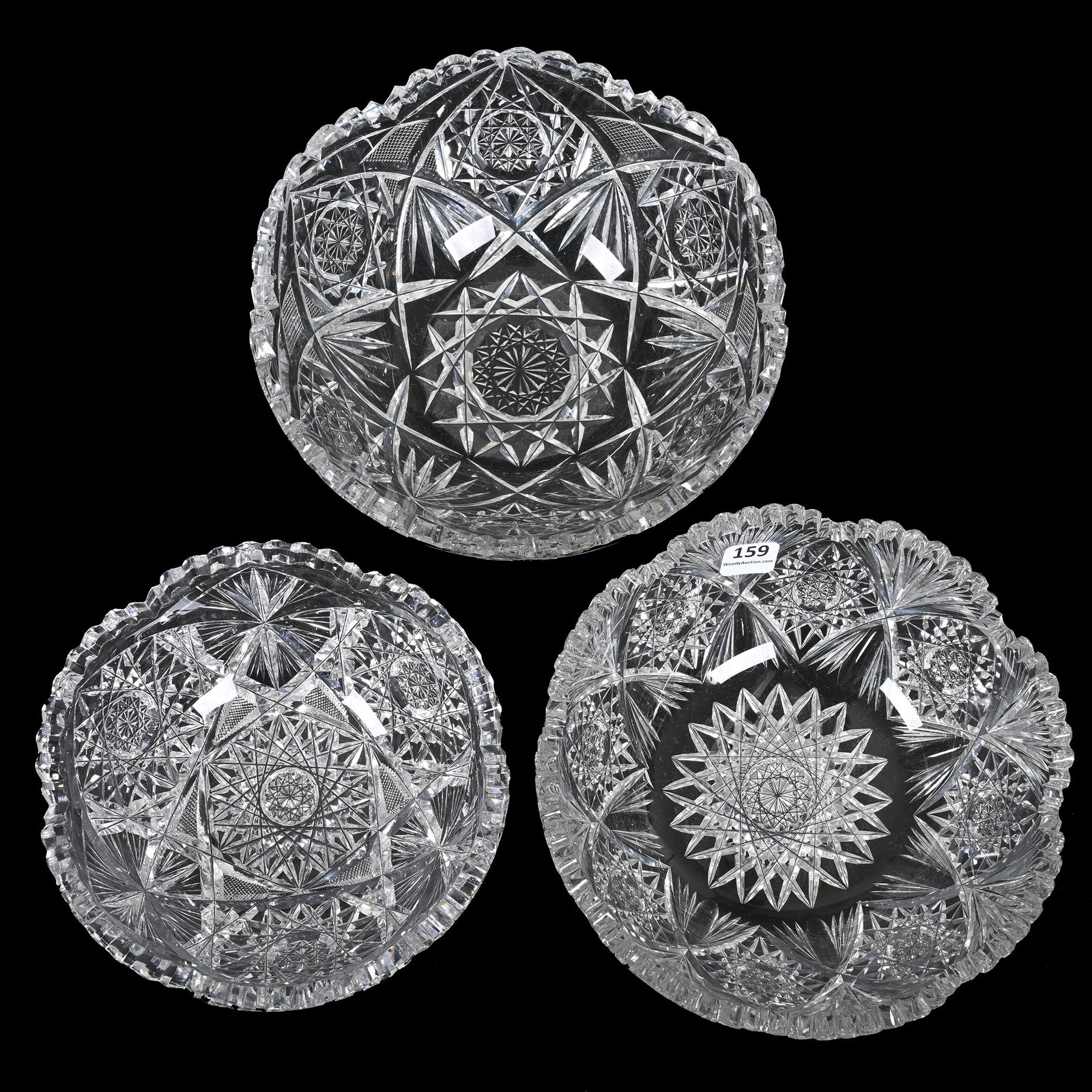 (3) Bowls, ABCG: (3) Bowls, ABCG, (1) 3.5" X 8.25", Hobstar, Strawberry Diamond And Fan Motif, One Tooth Chip, (1) 3.25" X 8", Uncantena Pattern By Pairpoint, Outside Rim Tooth Chip And Small Crack, (1) 3" X 7", Hobst