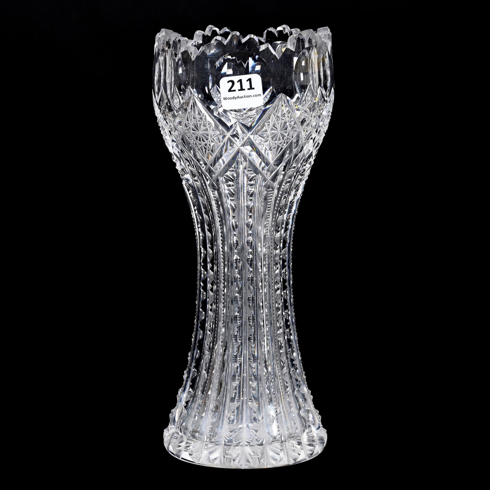 Vase, ABCG: Vase, ABCG, 9.5" x 4", Prism Cut Body With Hobstar And Bullseye Highlights, Ray Cut Base, One Small Tooth Chip, Nebraska Private Collection.